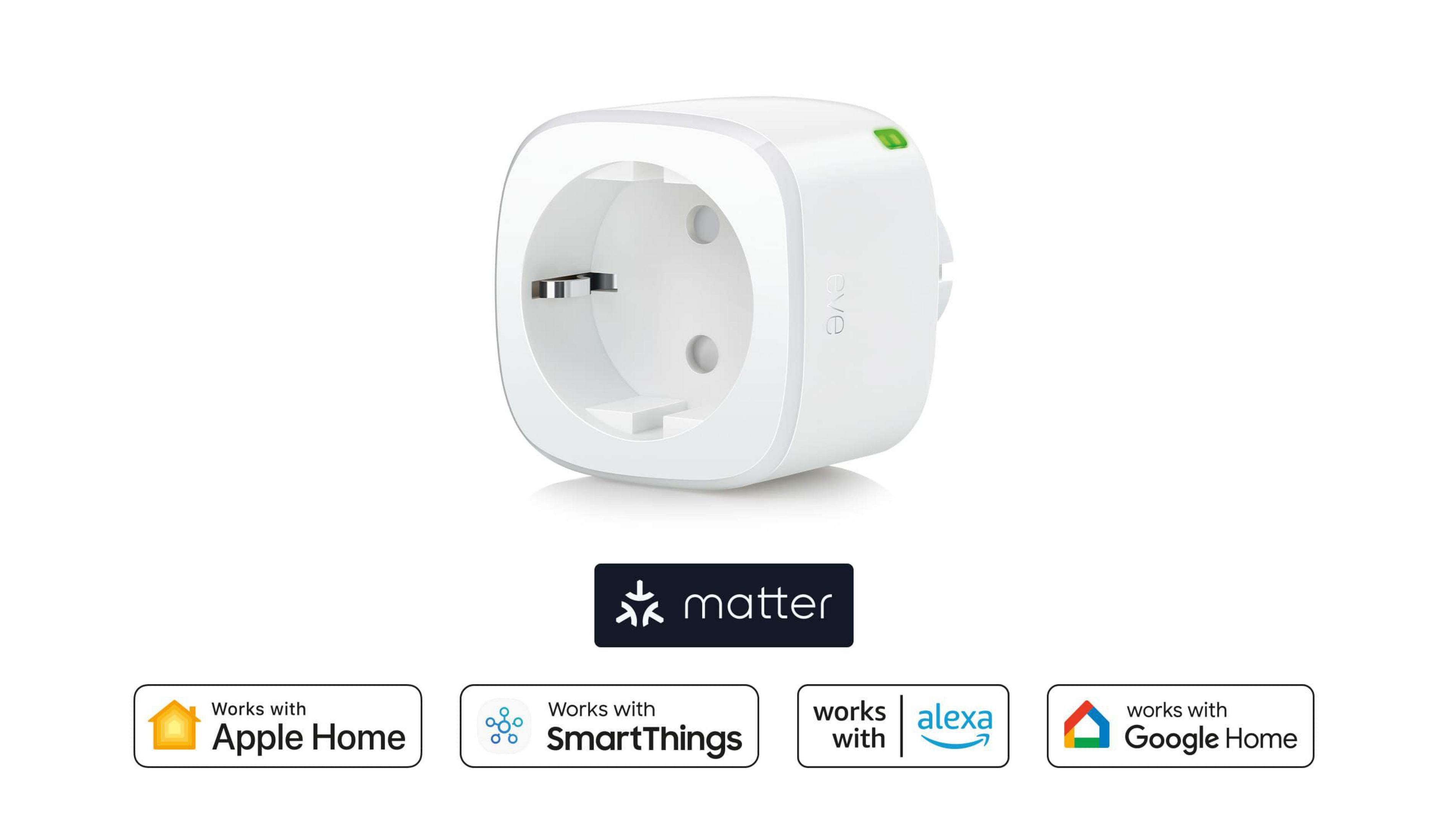 Weißer Smart Plug mit Matter-Logo und Symbolen für Apple Home, SmartThings, Alexa und Google Home.
