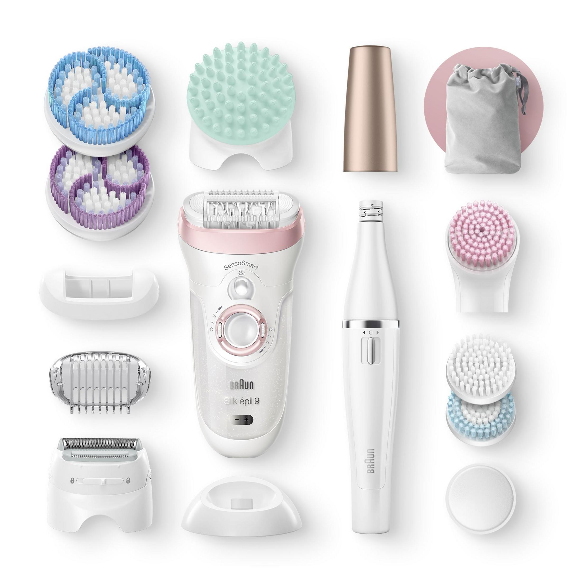 Epilatore Braun Silk-épil 9 e accessori. Include spazzole, testine e custodia.
