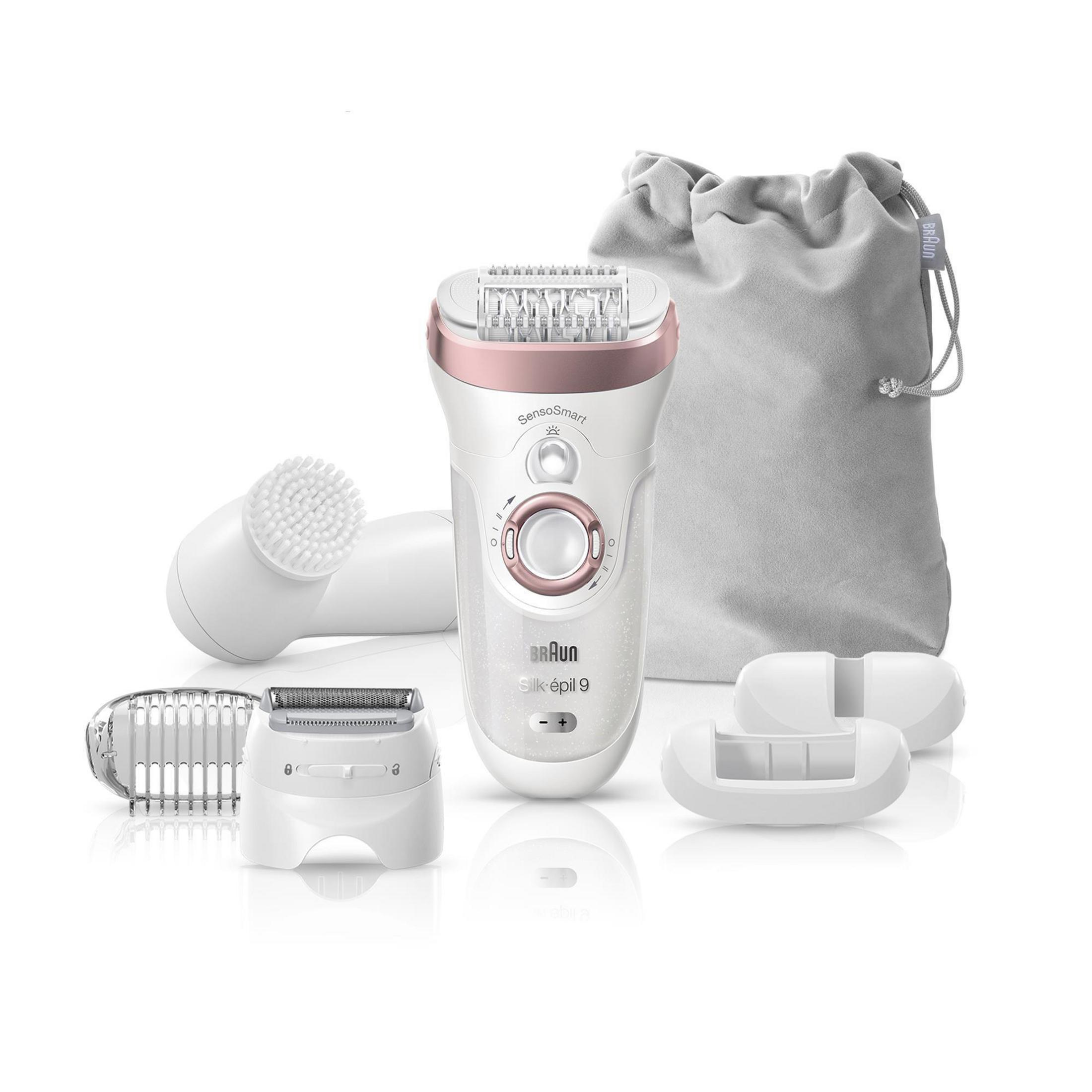 Zestaw depilatora Braun Silk epil 9 z wieloma akcesoriami na białym tle.