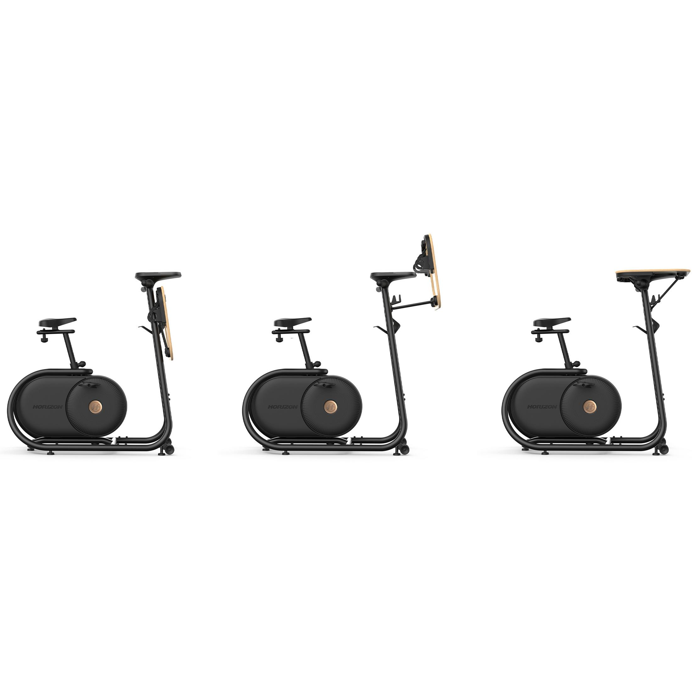 Drei schwarze Horizon-Heimtrainer, jeweils mit unterschiedlicher Position des Tablethalters.