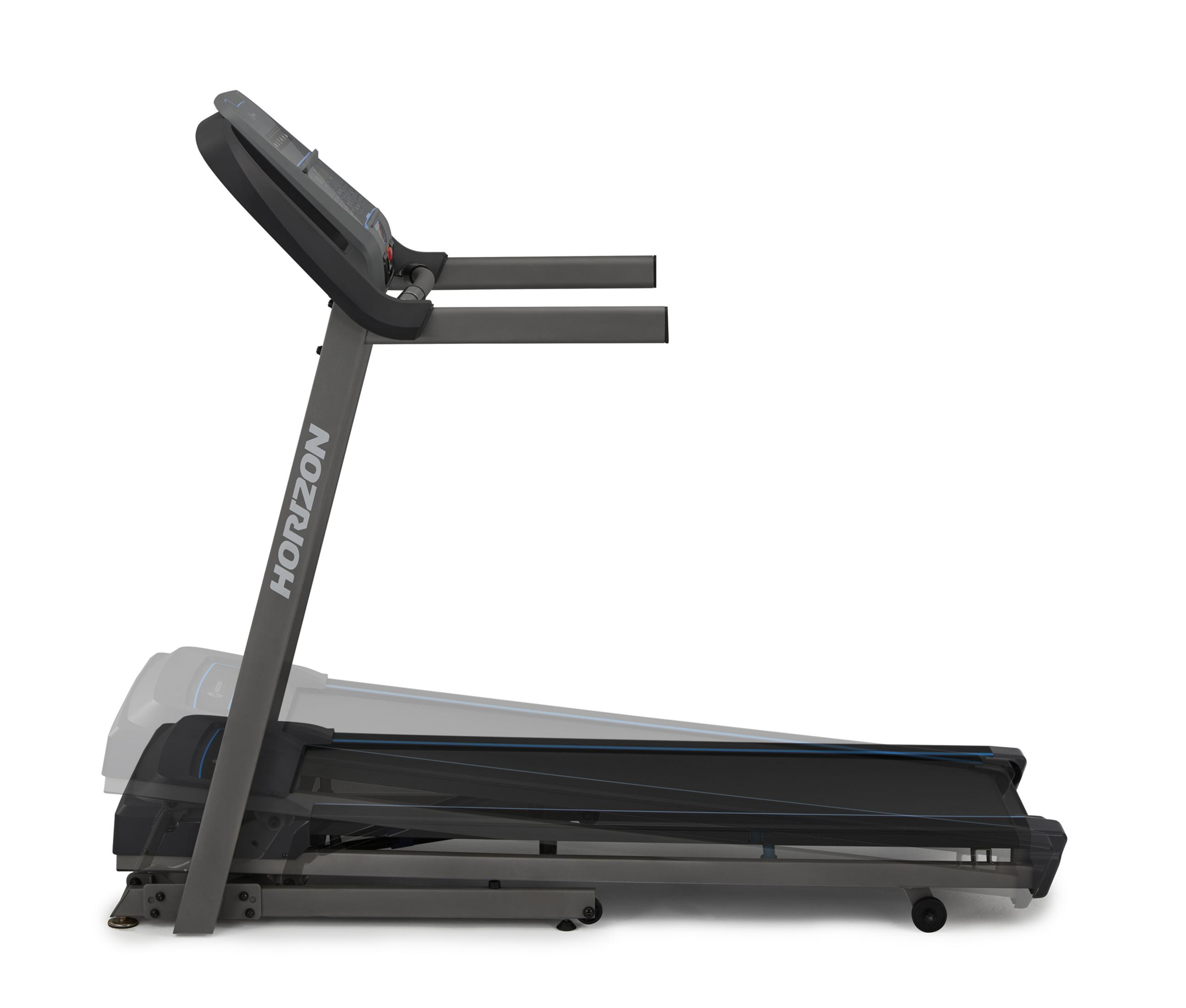 Szara bieżnia z logo Horizon, widok z boku. Powierzchnia do biegania jest czarna. Białe tło.