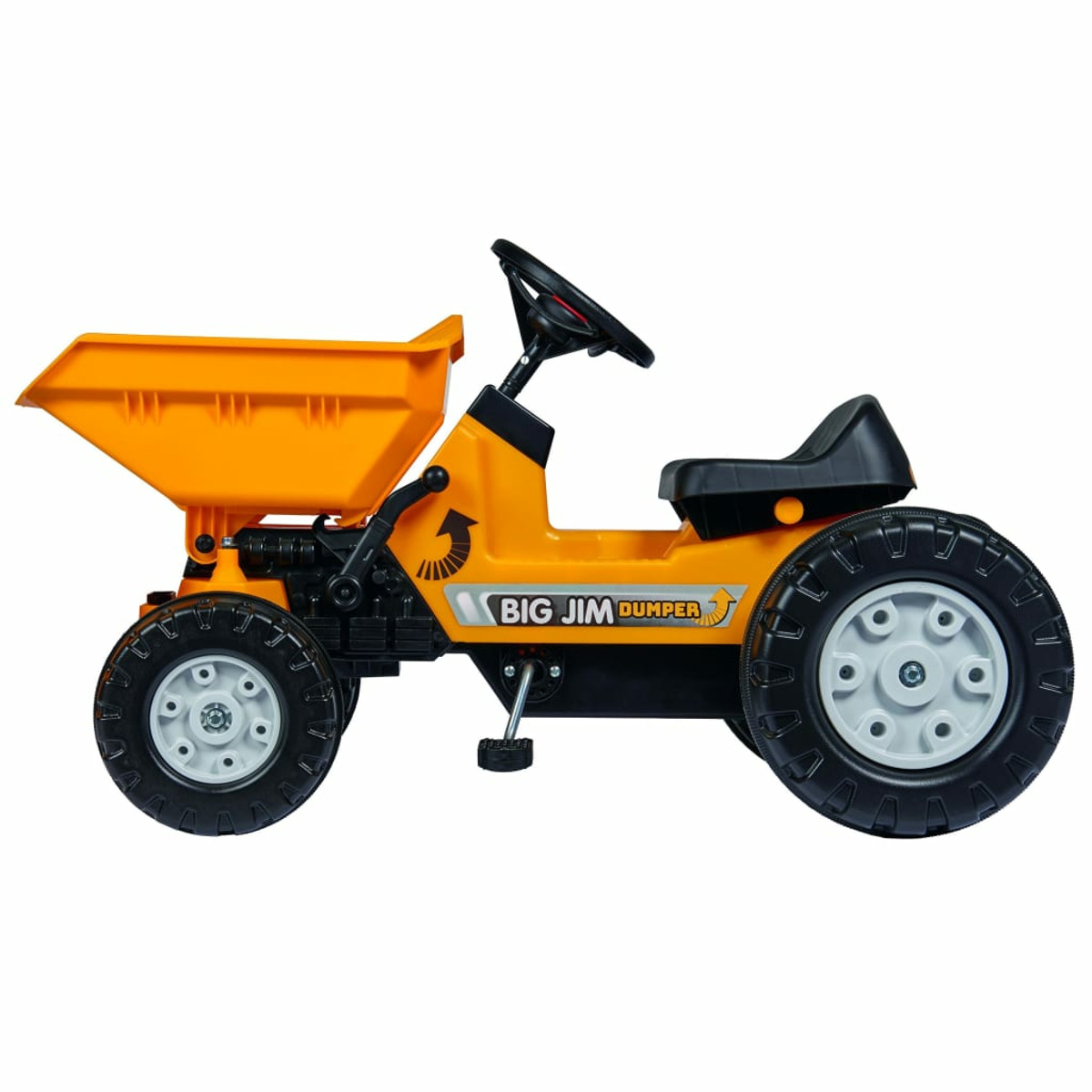 Pomarańczowa zabawka Big Jim Dumper z czarnymi kołami i czarnym siedzeniem na białym tle.