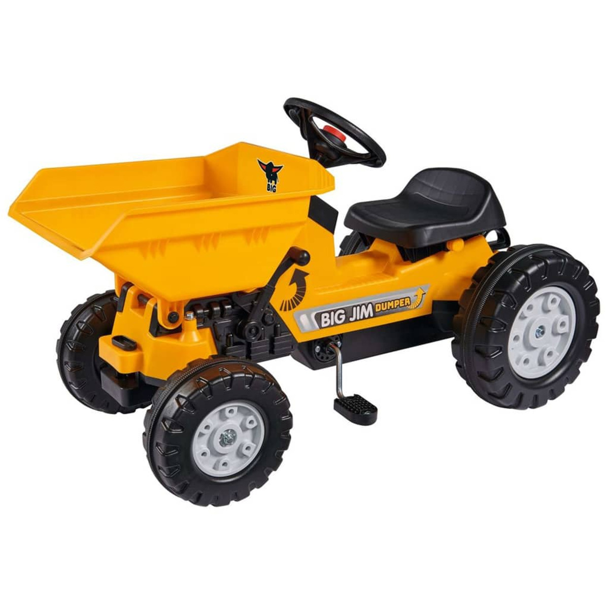 Żółta zabawka wywrotka z czarnym siedzeniem i kołami.