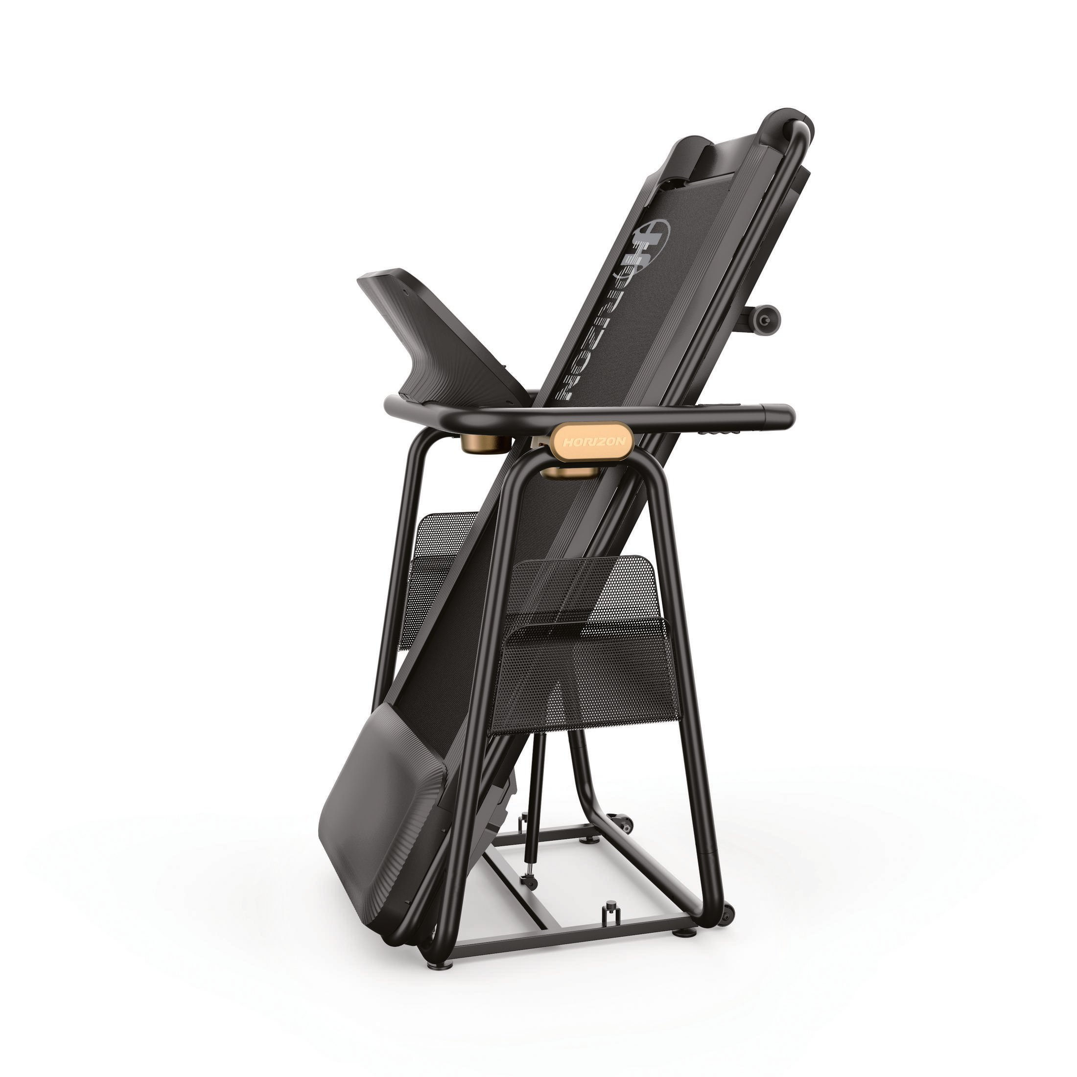 Black Horizon treadmill, folded up, with a screen and mesh storage on a white backdrop.
