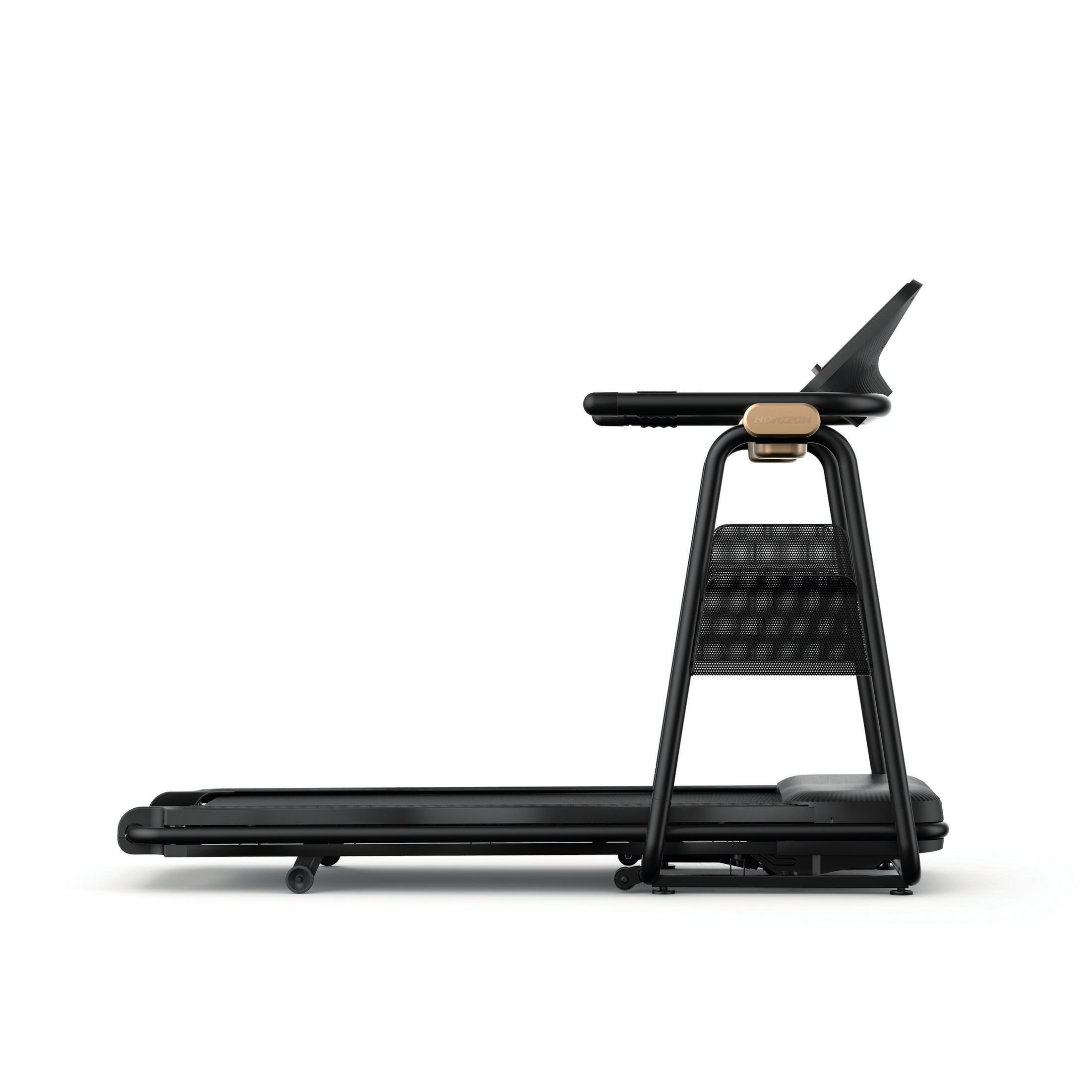 Black Horizon treadmill, with a tablet holder and a black and gold frame, isolated on white.