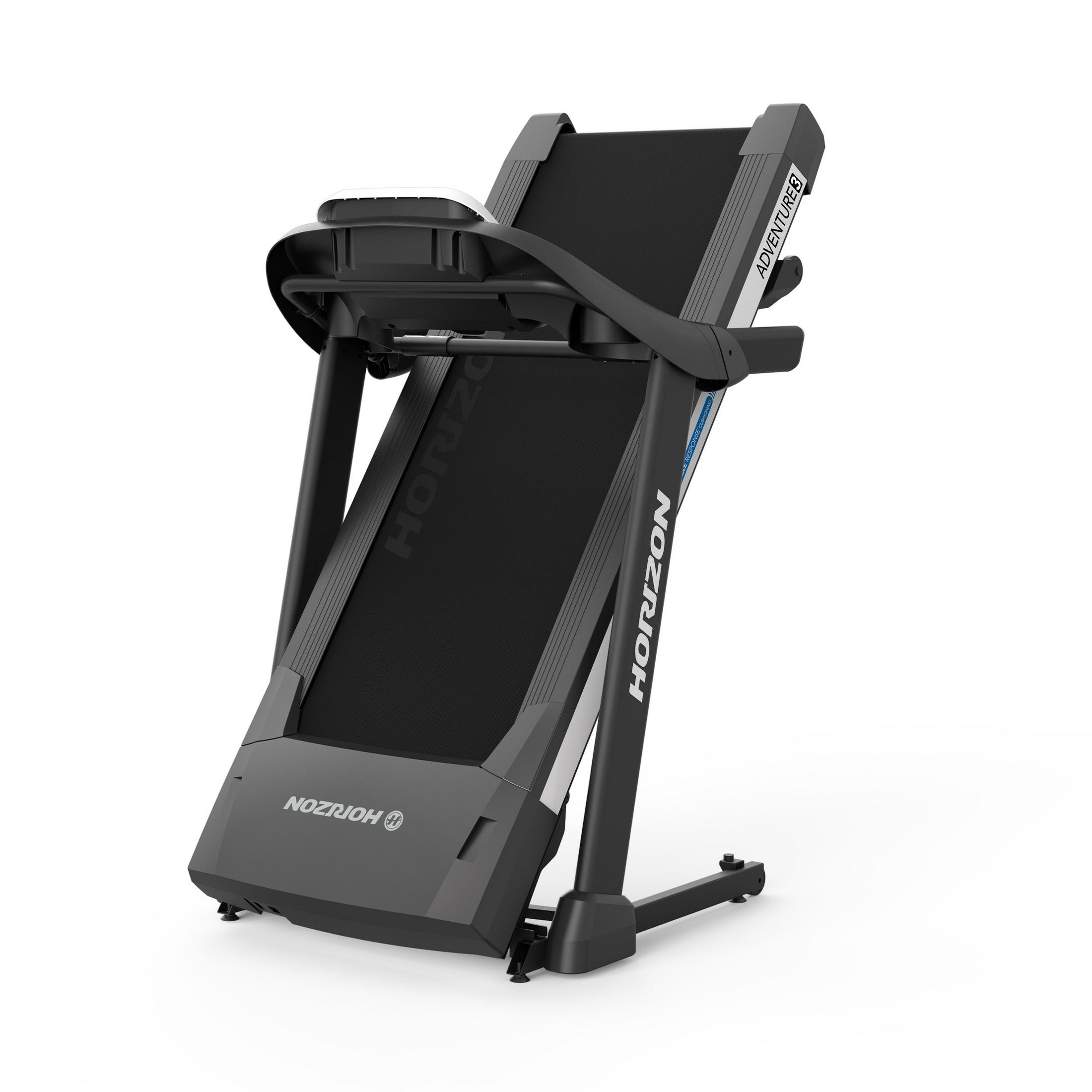 A black and gray treadmill with the Horizon logo. The treadmill is on a white background.