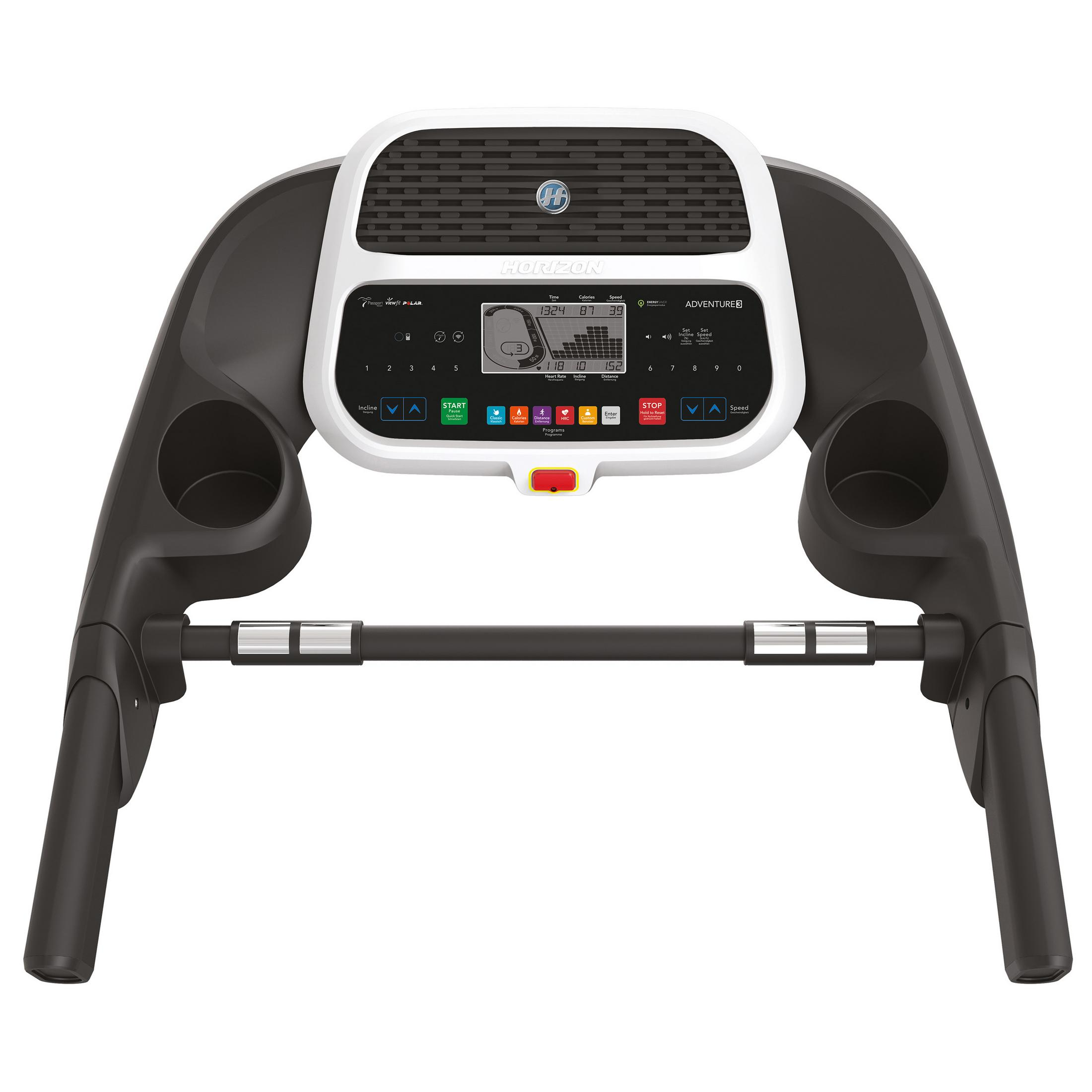 Treadmill console with a screen, buttons, and cup holders, labeled 'Horizon Adventure 8'.