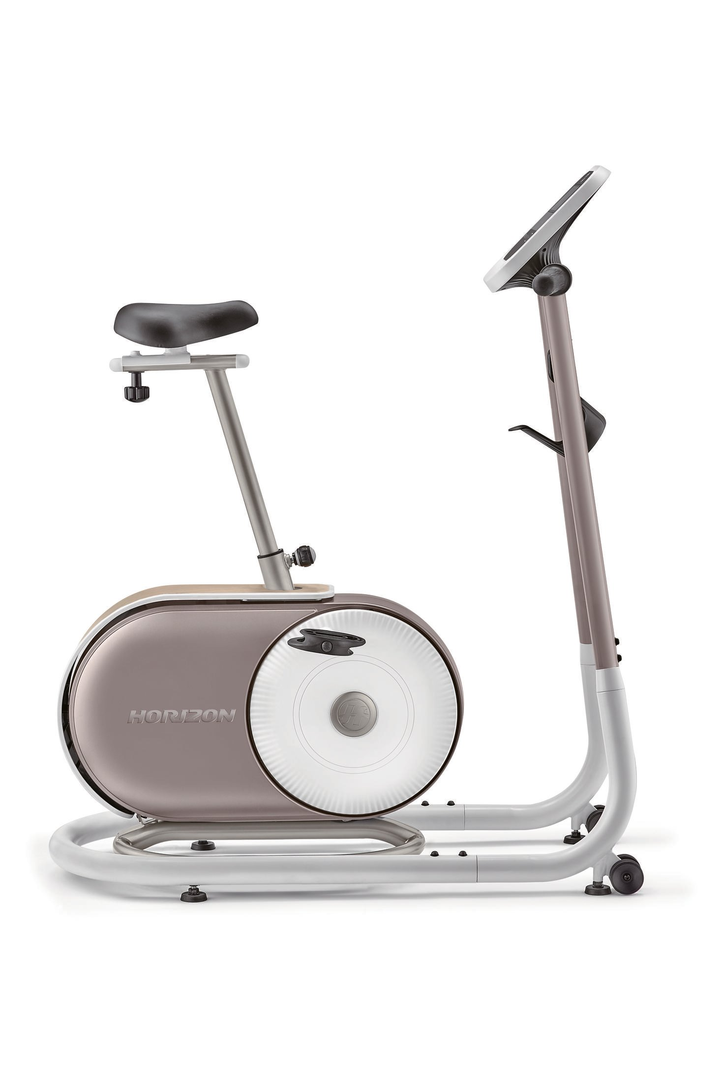 Ergometer, Seitenansicht. Grau und weiß. Marke Horizon. Schwarzer Sitz. Digitalanzeige, Lenker.