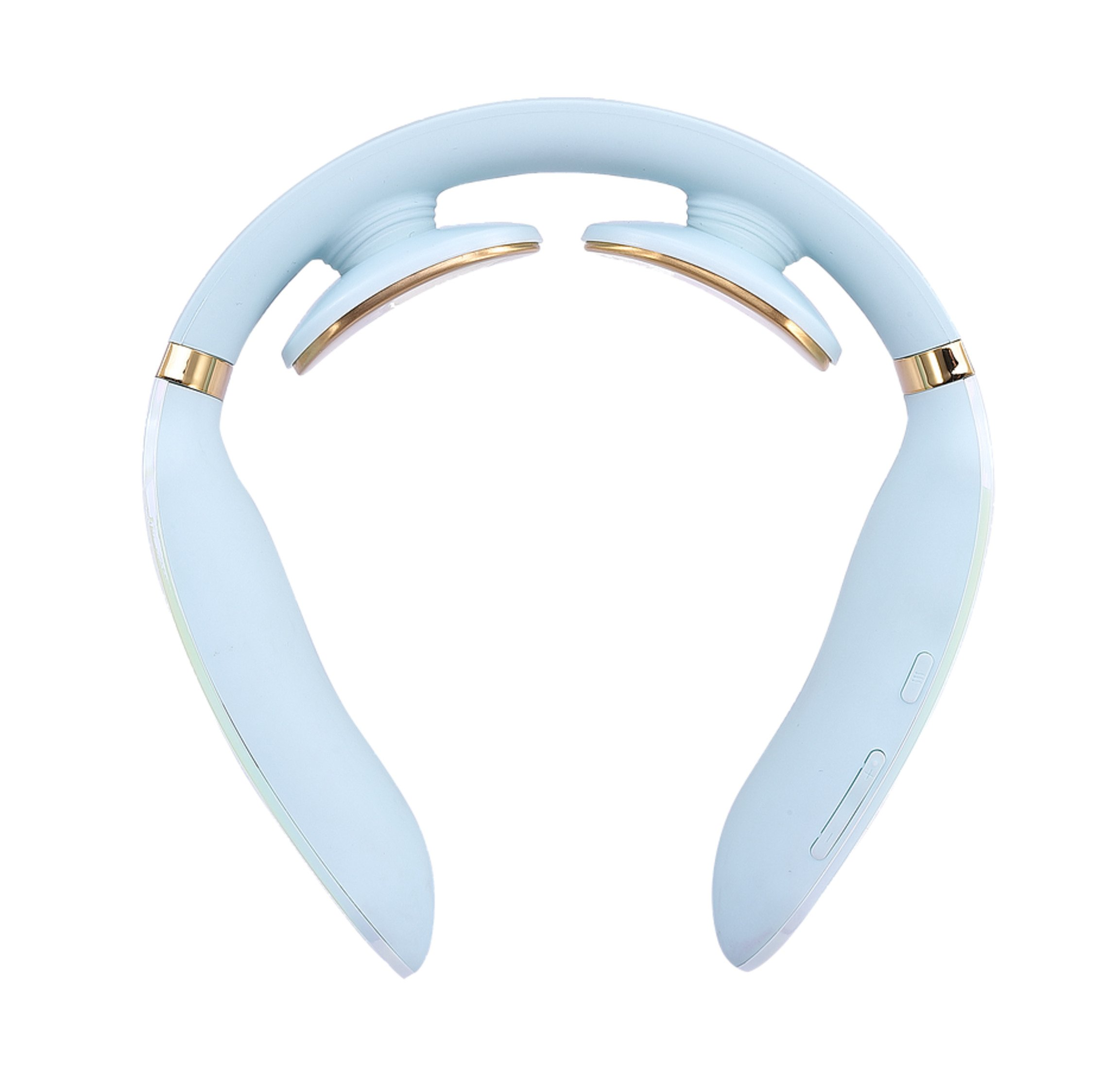 Massaggiatore per il collo di colore azzurro e dettagli dorati, a forma di U. Isolato su bianco.