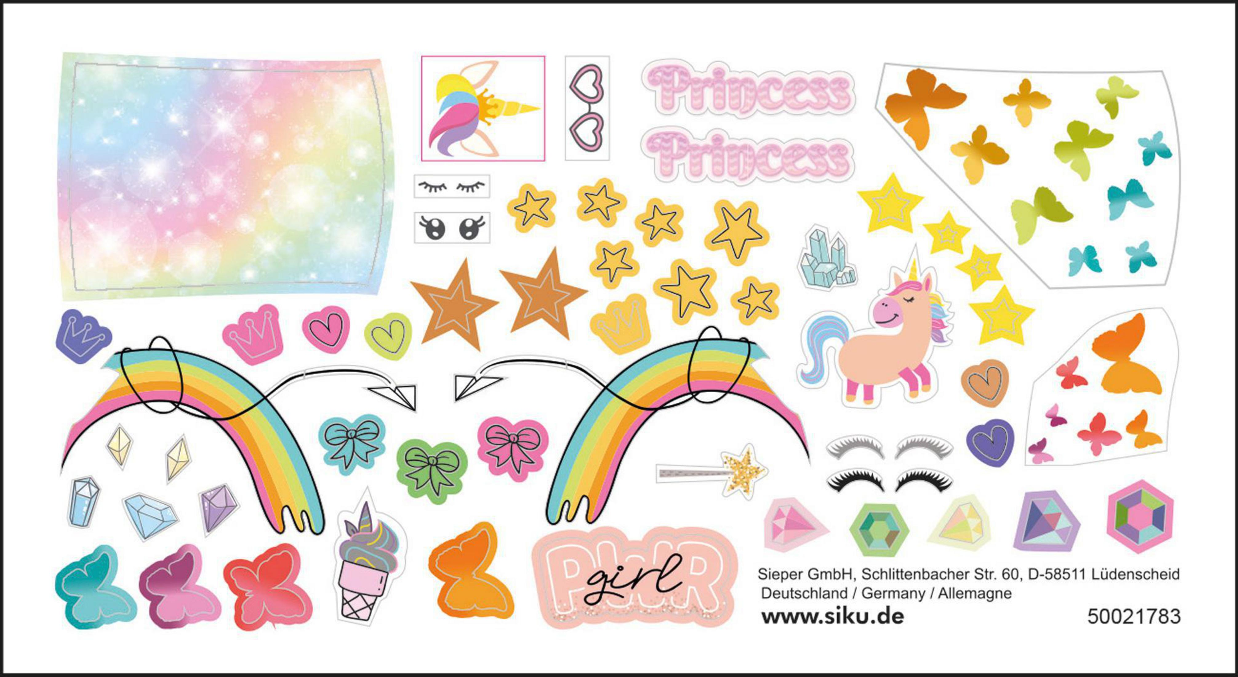 Bunte Aufkleber mit Einhorn, Regenbogen, Sternen, Schmetterlingen und Text auf weißem Grund.