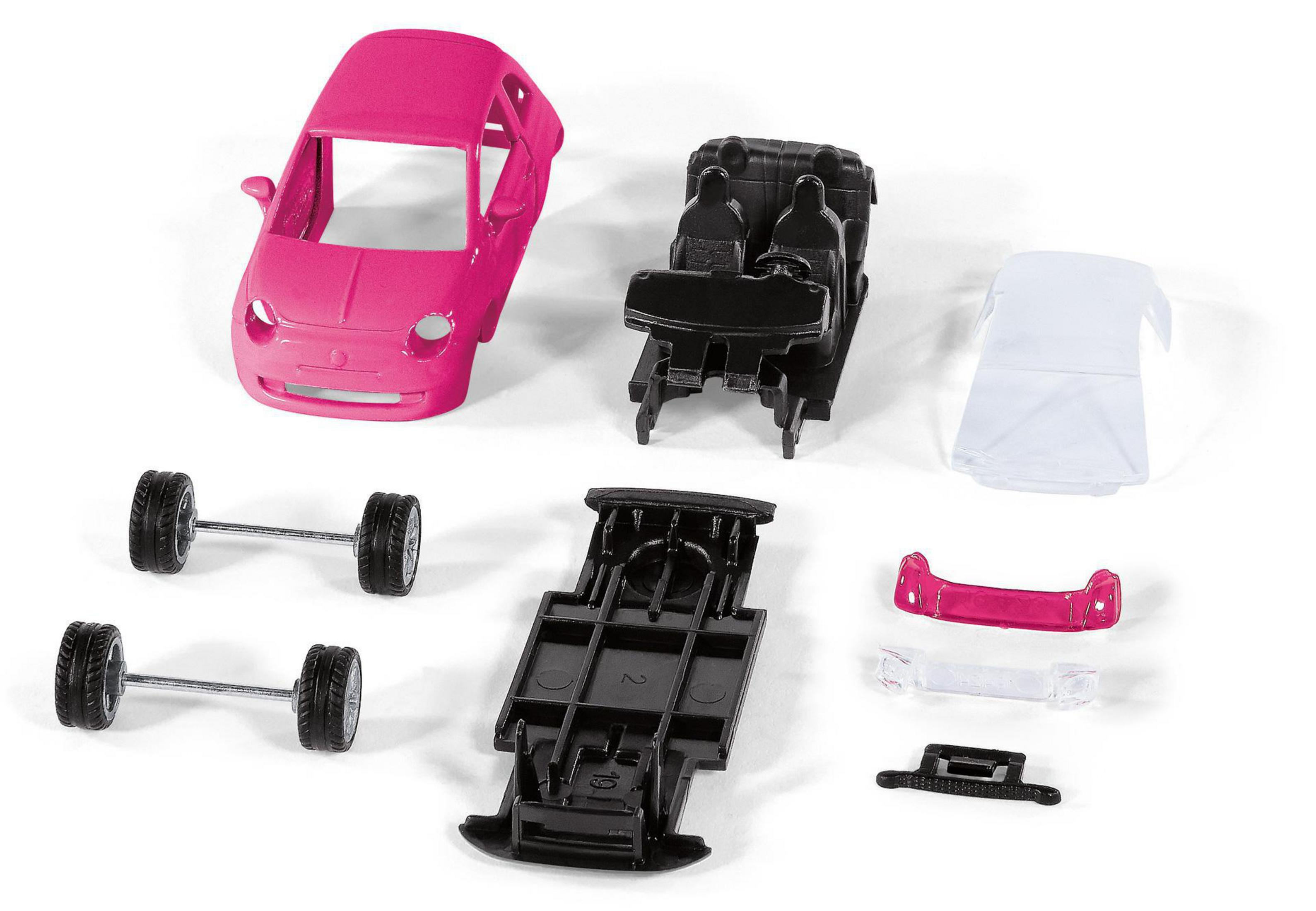 Zerlegtes Spielzeugauto, das Teile zeigt. Rosa Karosserie, Räder und Fahrgestell sind sichtbar.
