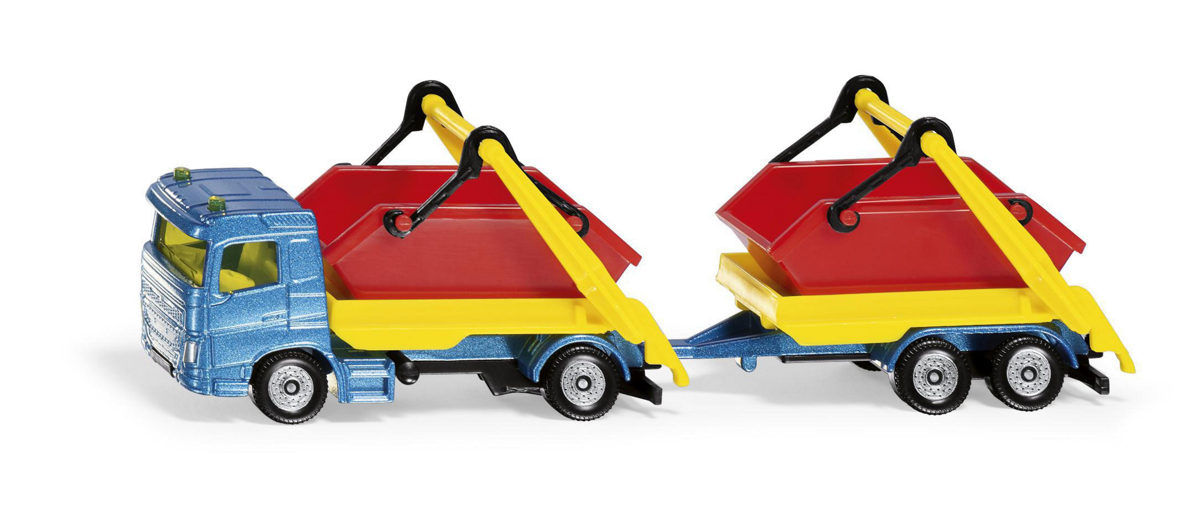 Zabawkowa ciężarówka z niebieską kabiną i żółtą skrzynią. Dwa czerwone kontenery.