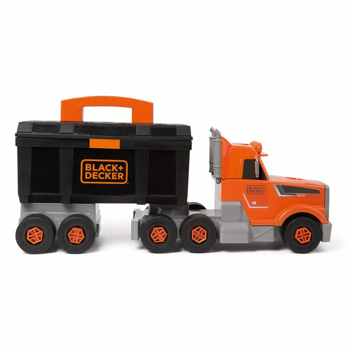 Zabawkowa ciężarówka z przyczepą. Przyczepa ma czarną skrzynkę narzędziową z logo 'BLACK+DECKER'.
