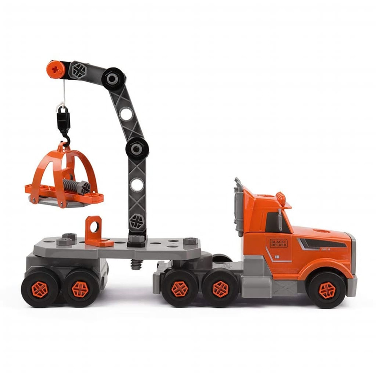 Pomarańczowo-szara zabawka ciężarówka z dźwigiem i logo 'BLACK+DECKER' z boku.