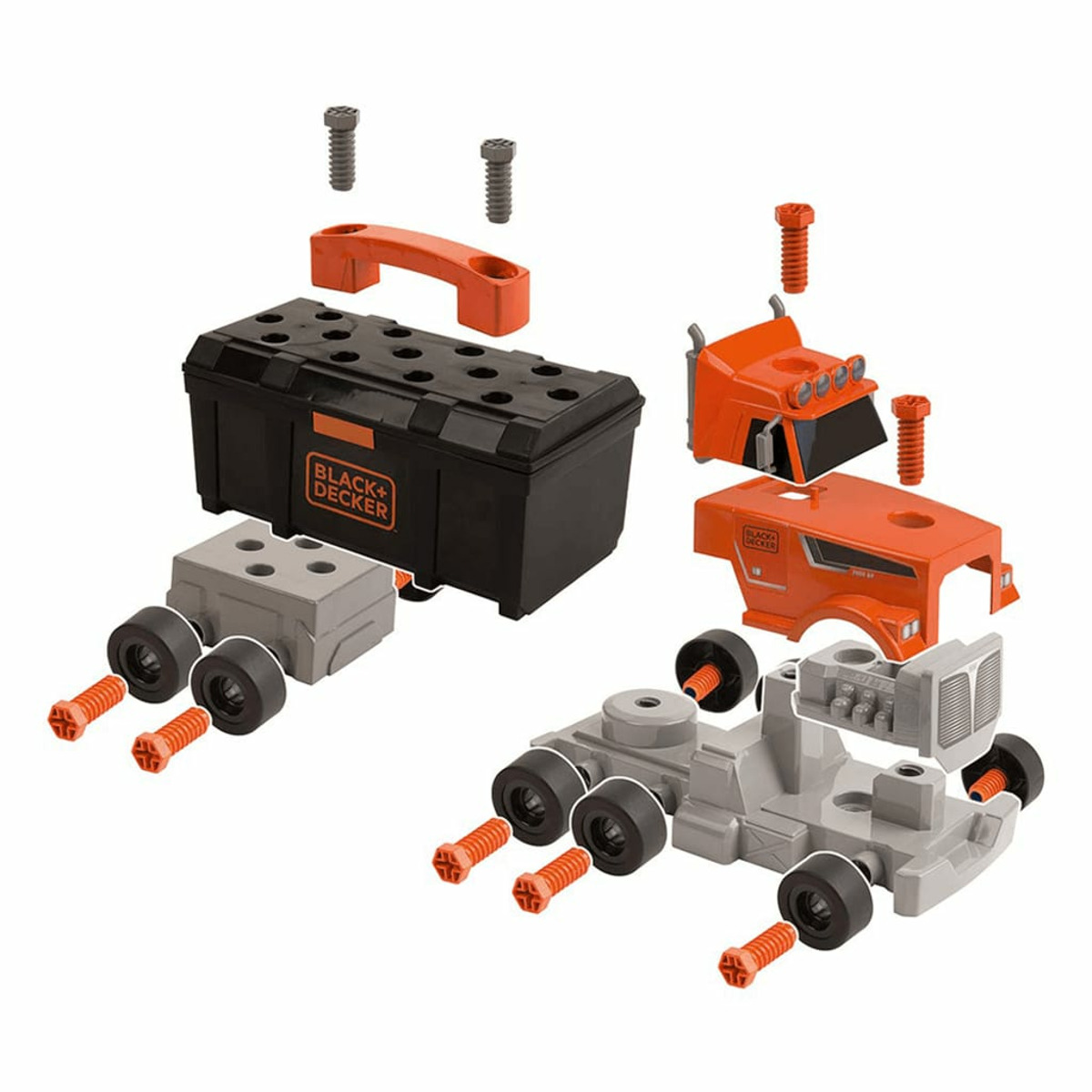 Zdemontowane części zabawkowego samochodu ciężarowego, w tym czarne pudełko, pomarańczowa kabina i szare podwozie z kołami.