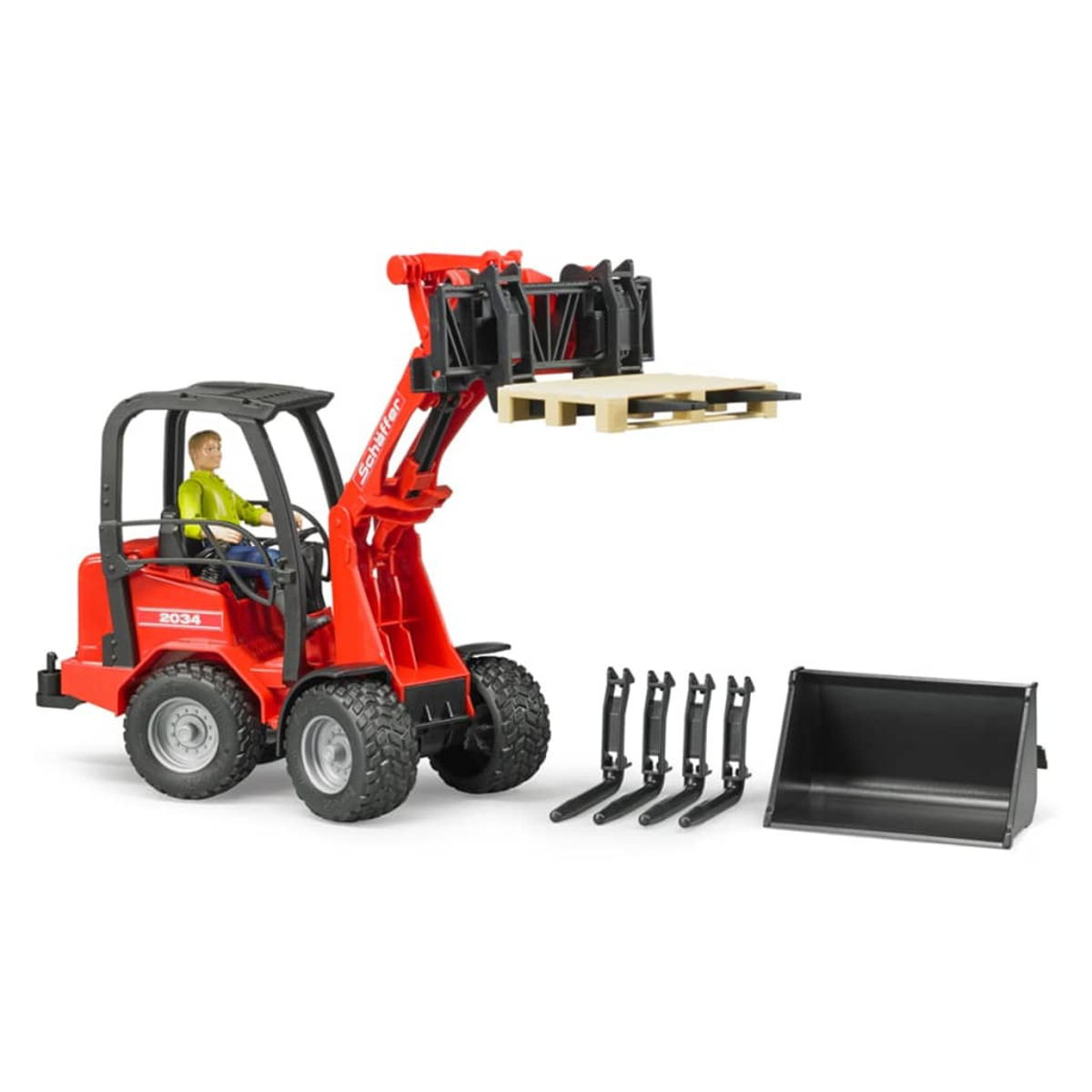 Czerwona zabawka ładowarka czołowa z figurką w środku, podnosząca paletę oraz dodatkowe widły i łyżkę.