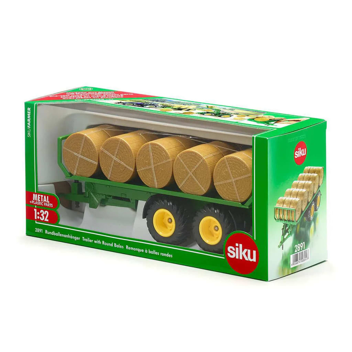 Zabawkowa przyczepa przewożąca sześć cylindrycznych balotów siana, z zieloną ramą i żółtymi kołami.