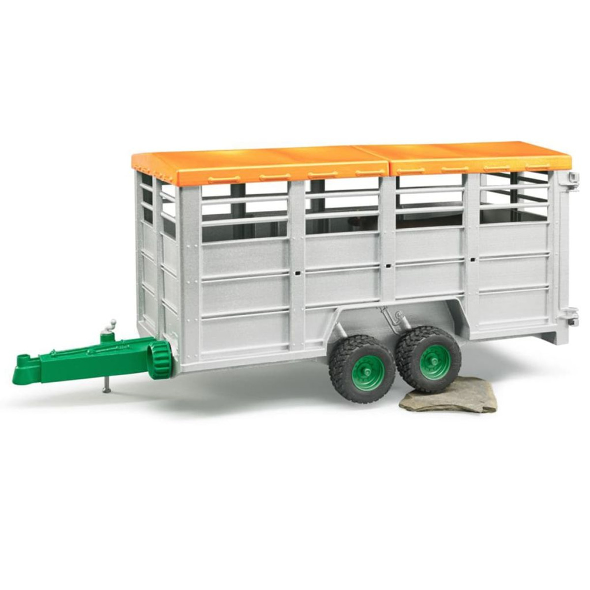 Un rimorchio grigio con tetto arancione e gancio verde, su sfondo bianco.