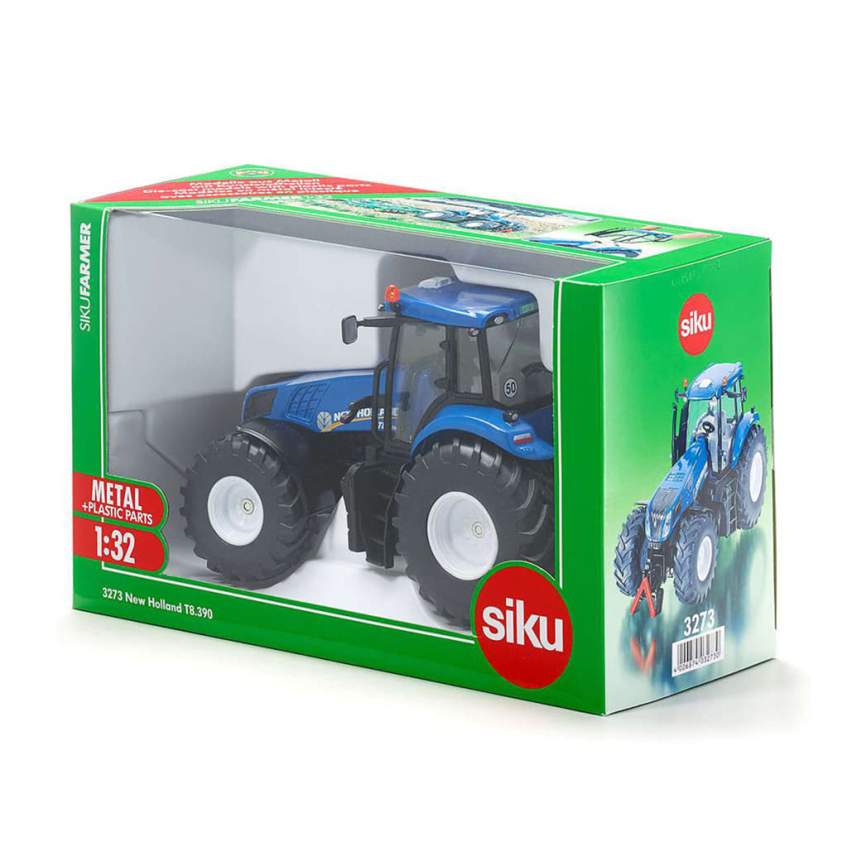 Niebieski traktor zabawkowy w zielono-czerwonym pudełku ze zdjęciem traktora z boku.