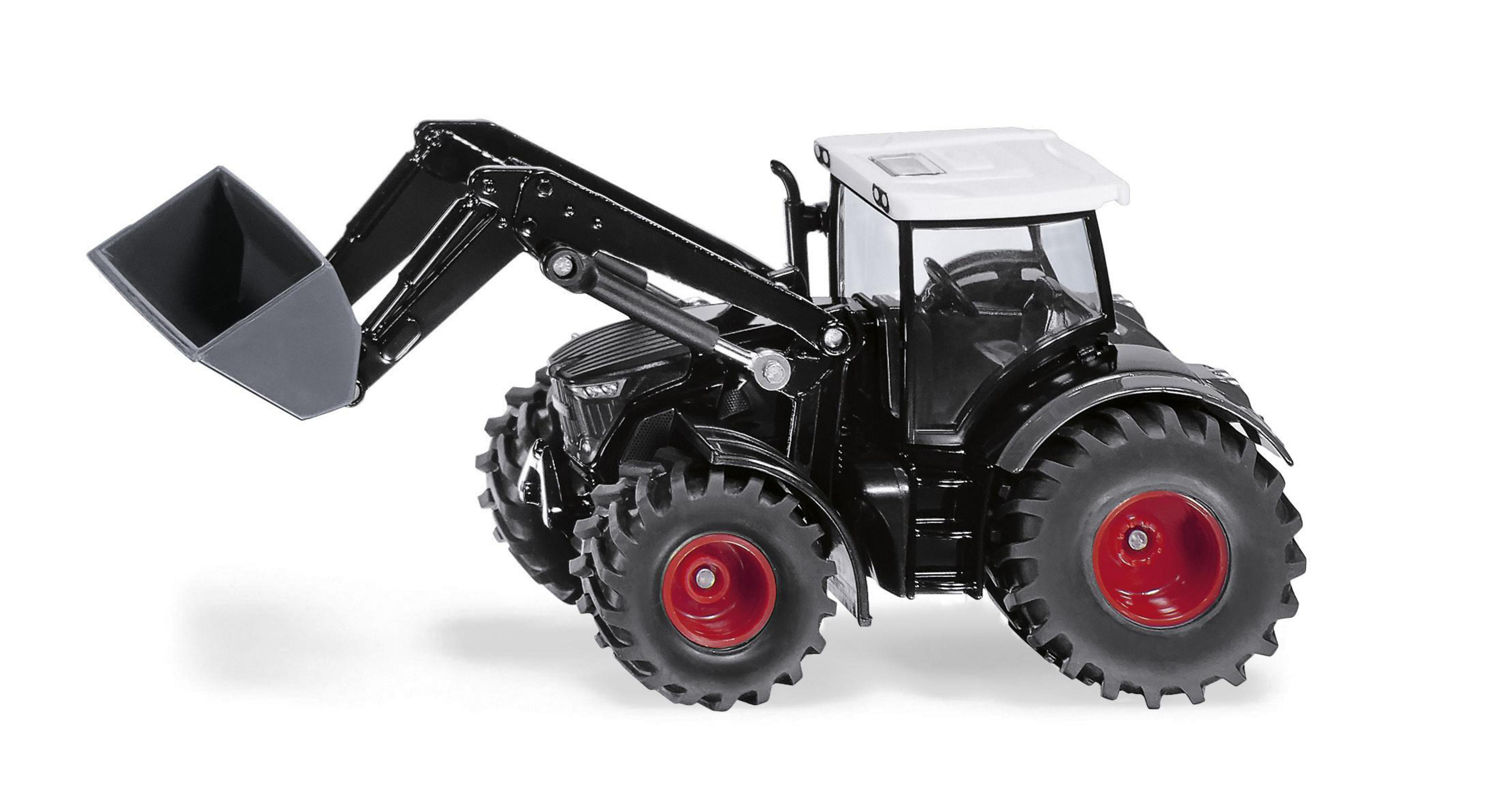 Czarny traktor zabawka z ładowaczem czołowym i czerwonymi kołami. Białe tło.