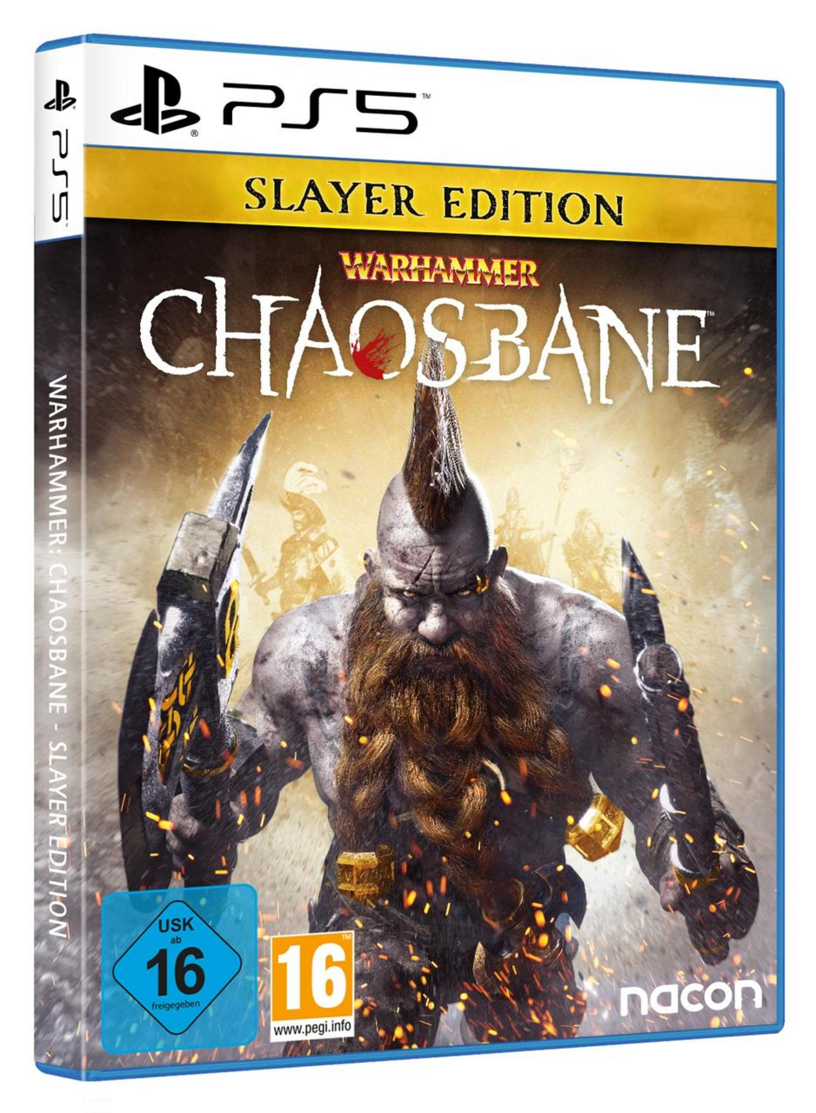 Eine PS5-Videospielbox für "Warhammer: Chaosbane - Slayer Edition". Sie zeigt einen Krieger mit Irokesenschnitt.