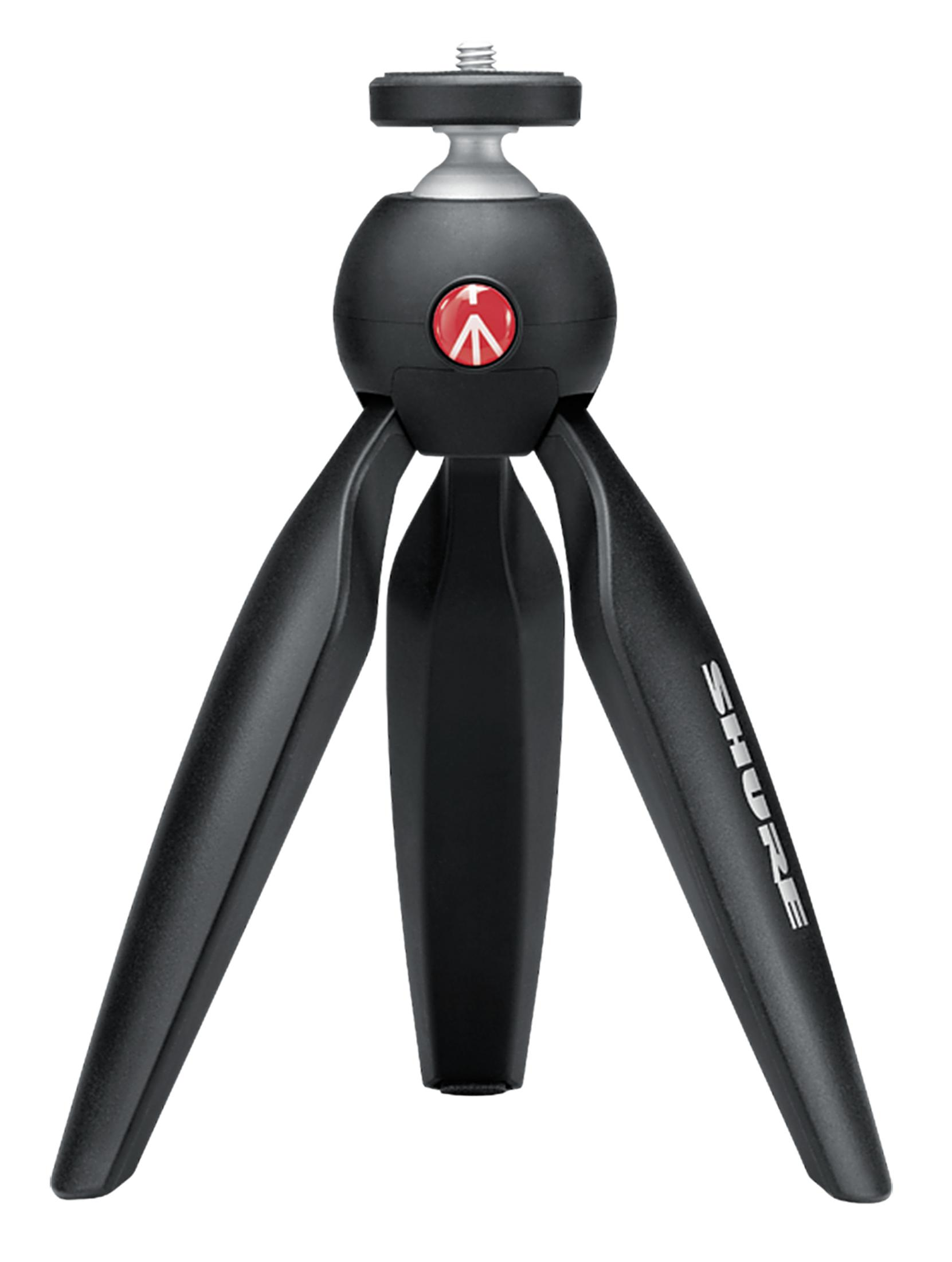Ein schwarzes Mini-Stativ mit dem Shure-Logo auf den Beinen.
