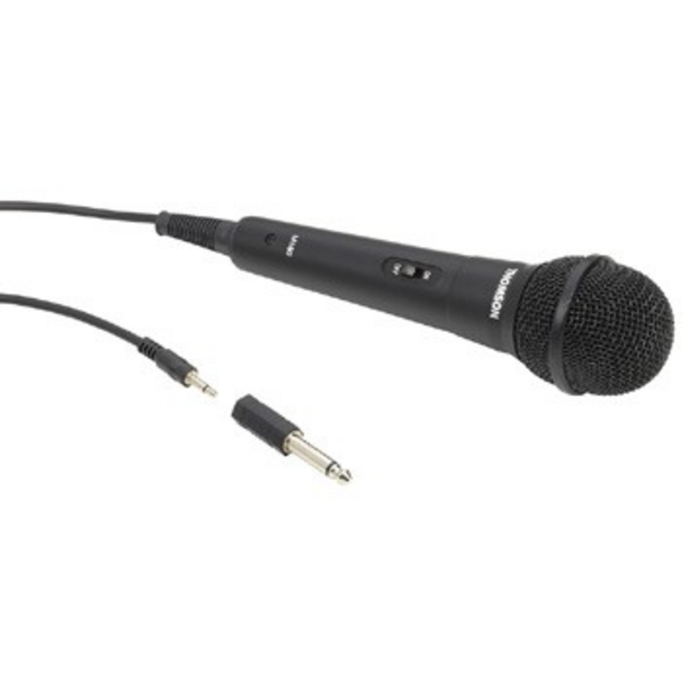 Schwarzes Mikrofon mit Kabel und Anschlüssen auf weißem Hintergrund.