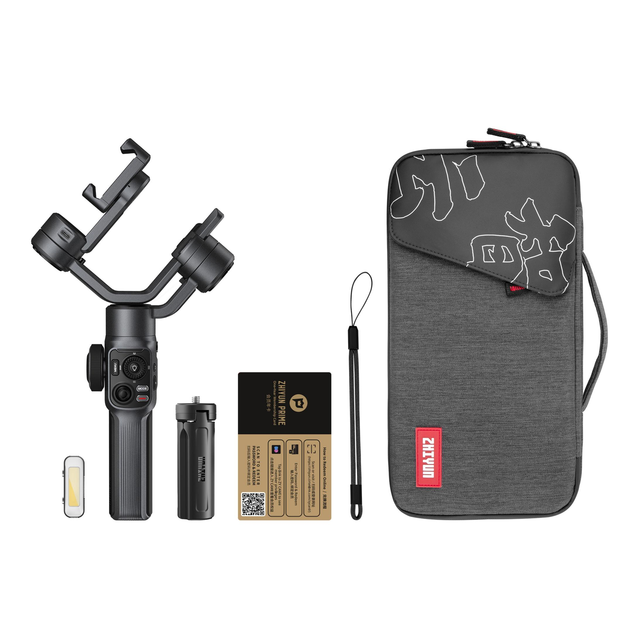 Een zwarte camerastabilisator, een draagtas en extra accessoires.