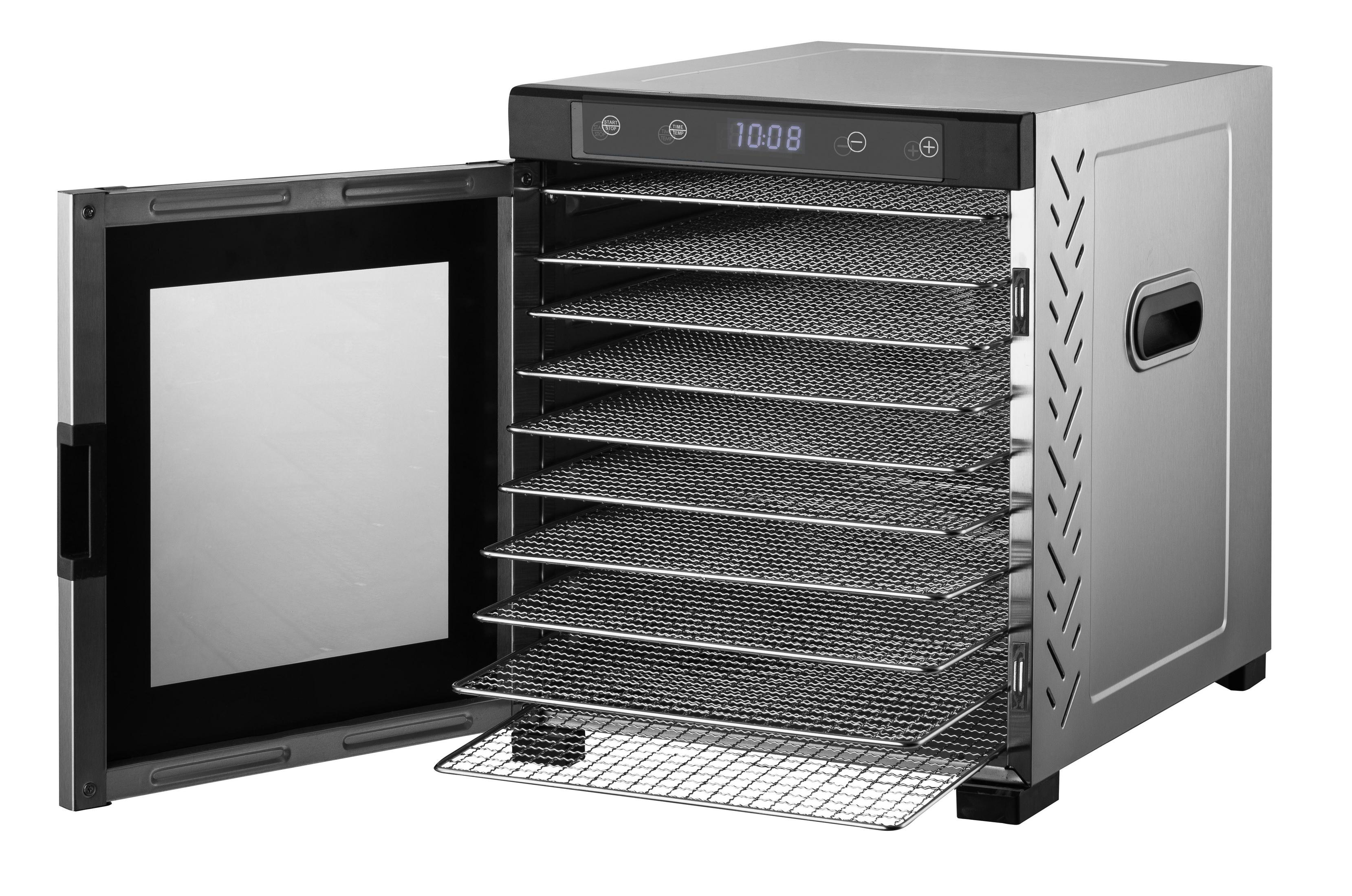 Un essiccatore per alimenti in acciaio inossidabile con la porta aperta, che mostra griglie metalliche.