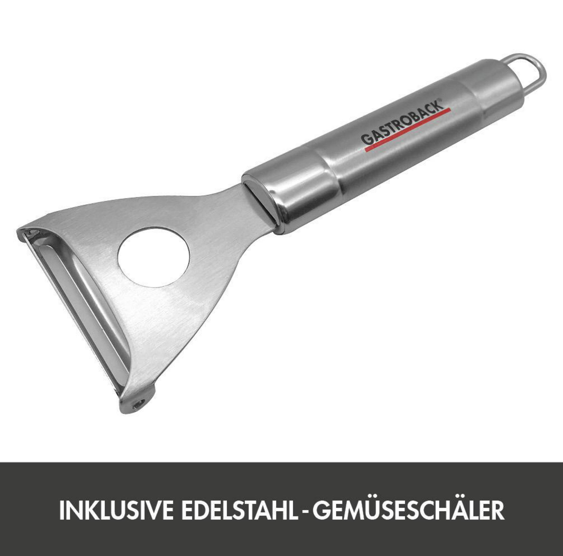 Pelapatate in acciaio inossidabile. Manico. Testo nero in basso: 'INKLUSIVE EDELSTAHL-GEMÜSESCHÄLER'.