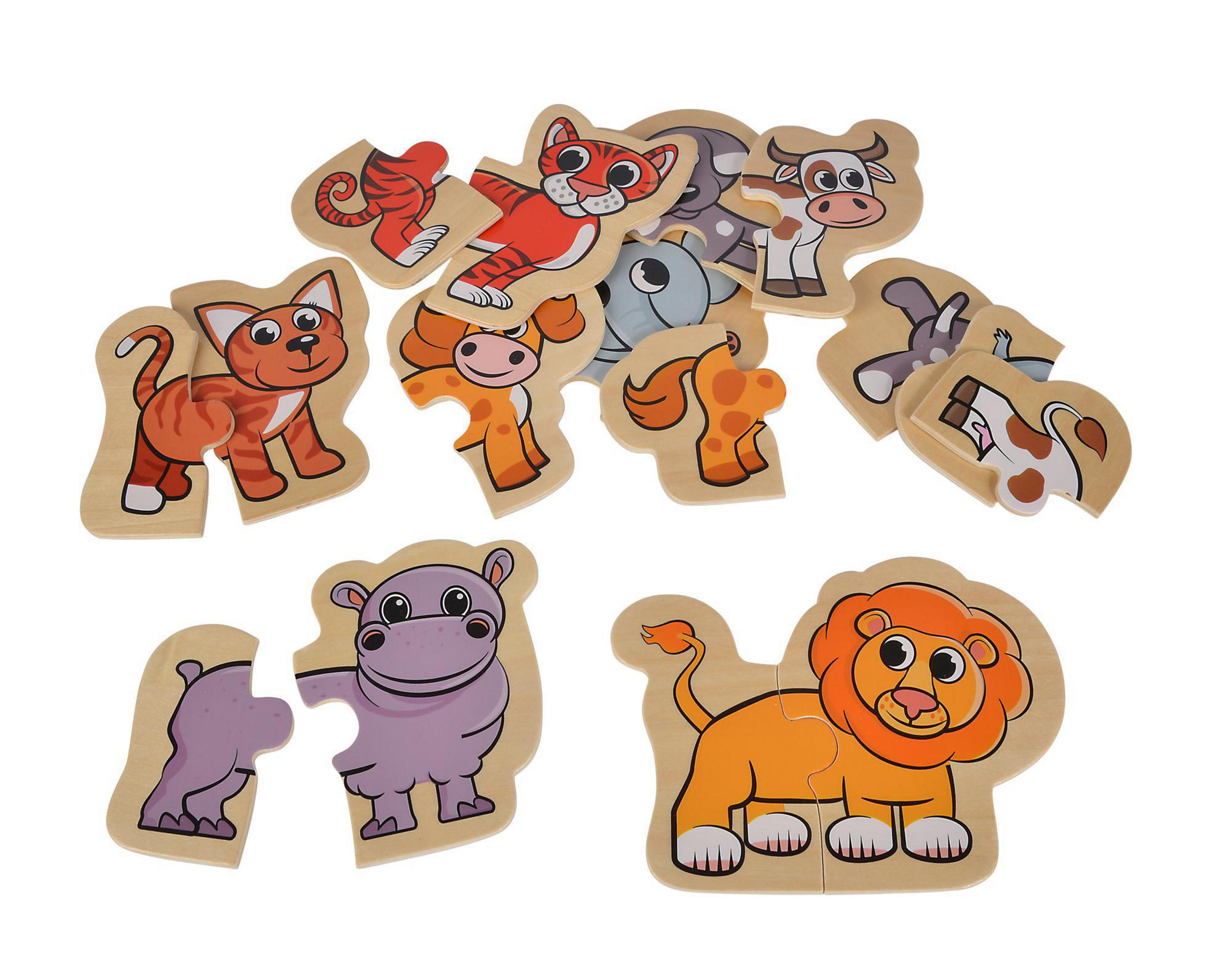 Tierpuzzleteile, die verschiedene Tiere in einem Holzpuzzle darstellen. Zu den Tieren gehören ein Tiger, eine Katze und ein Löwe.