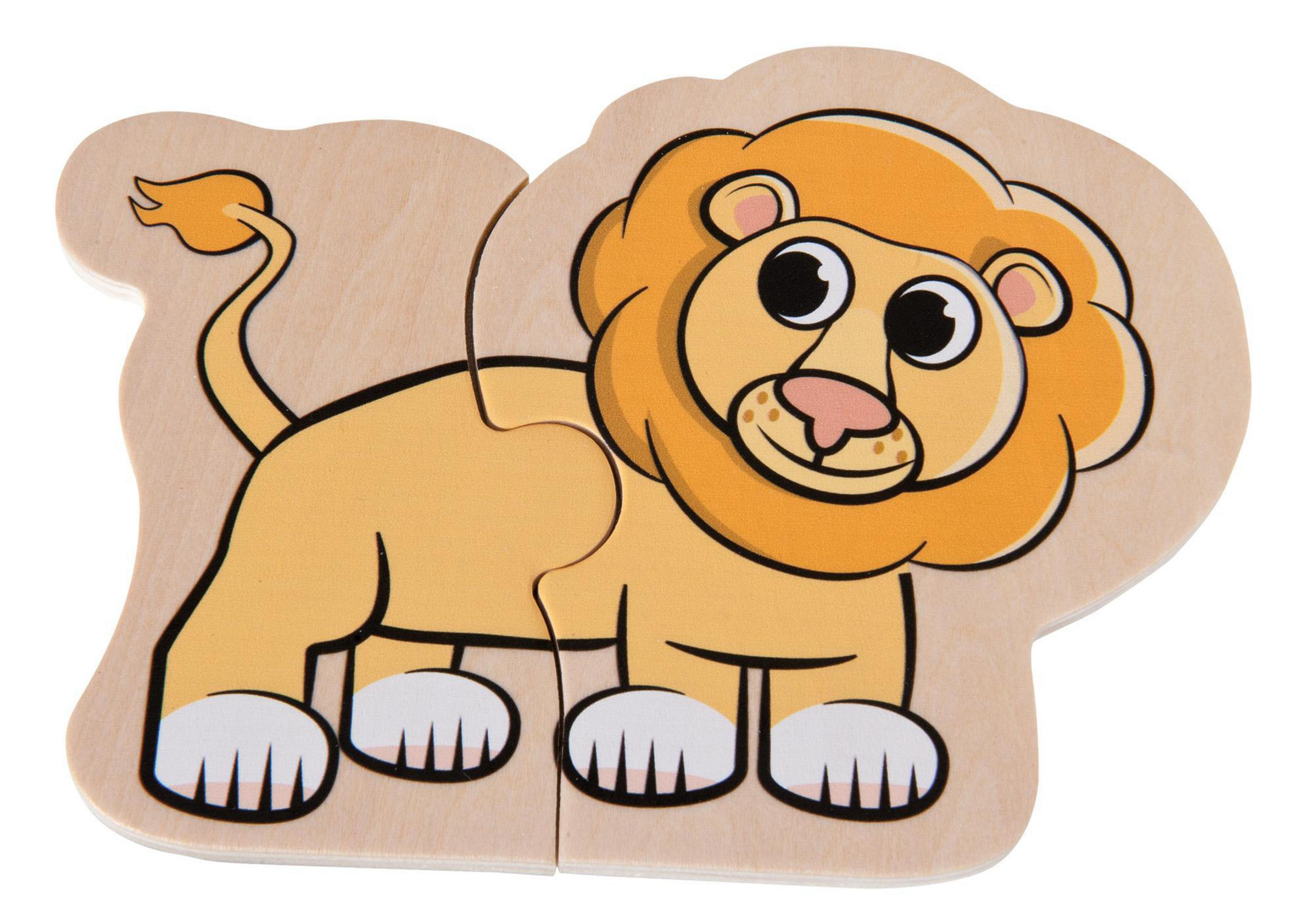 Puzzle eines Löwen. Der Löwe ist gelb mit einer orangefarbenen Mähne. Es ist auf hellem Holzgrund.