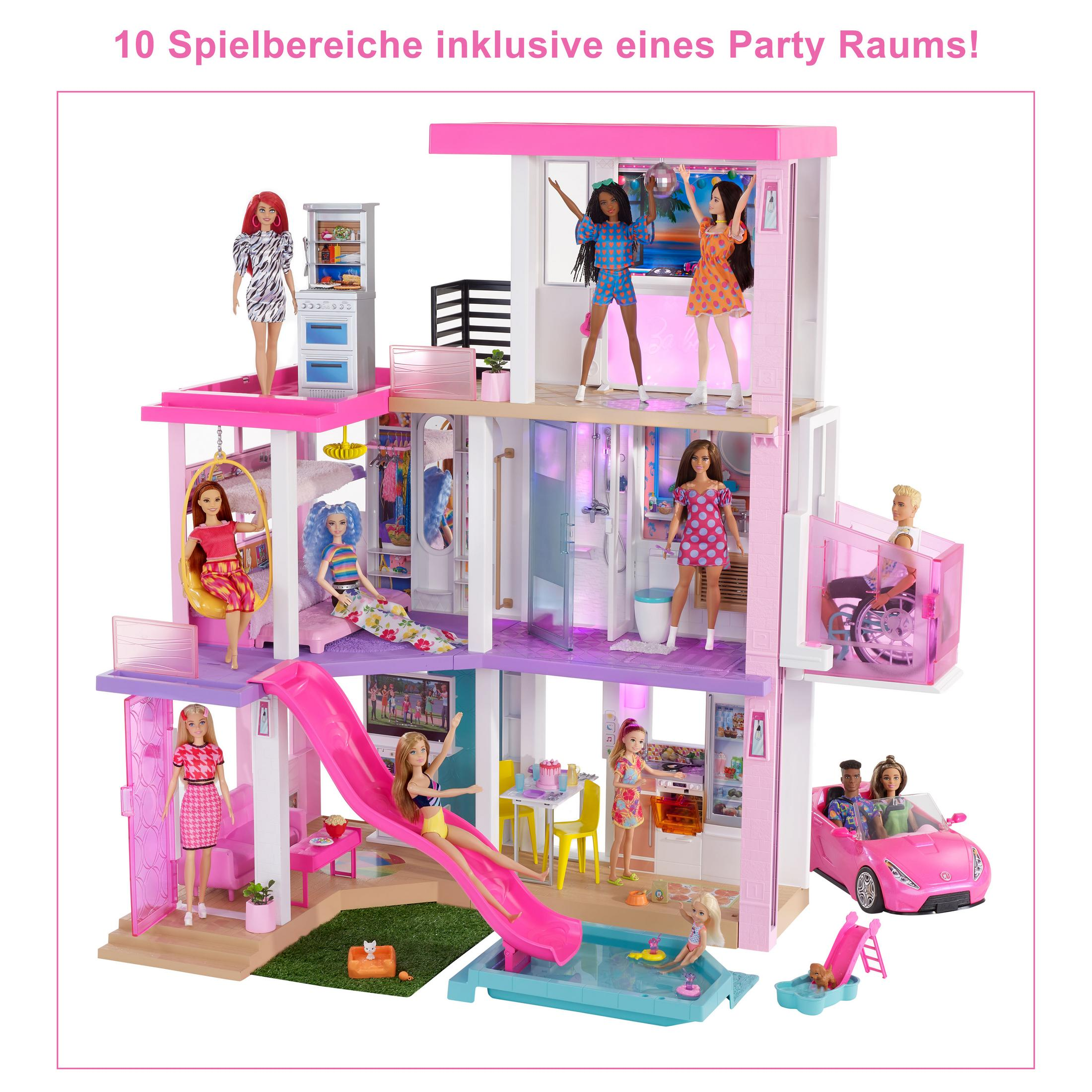 Barbie-Puppenhaus mit mehreren Zimmern und Puppen. Pinkes und weißes Äußeres. Verschiedene Puppen, Auto.