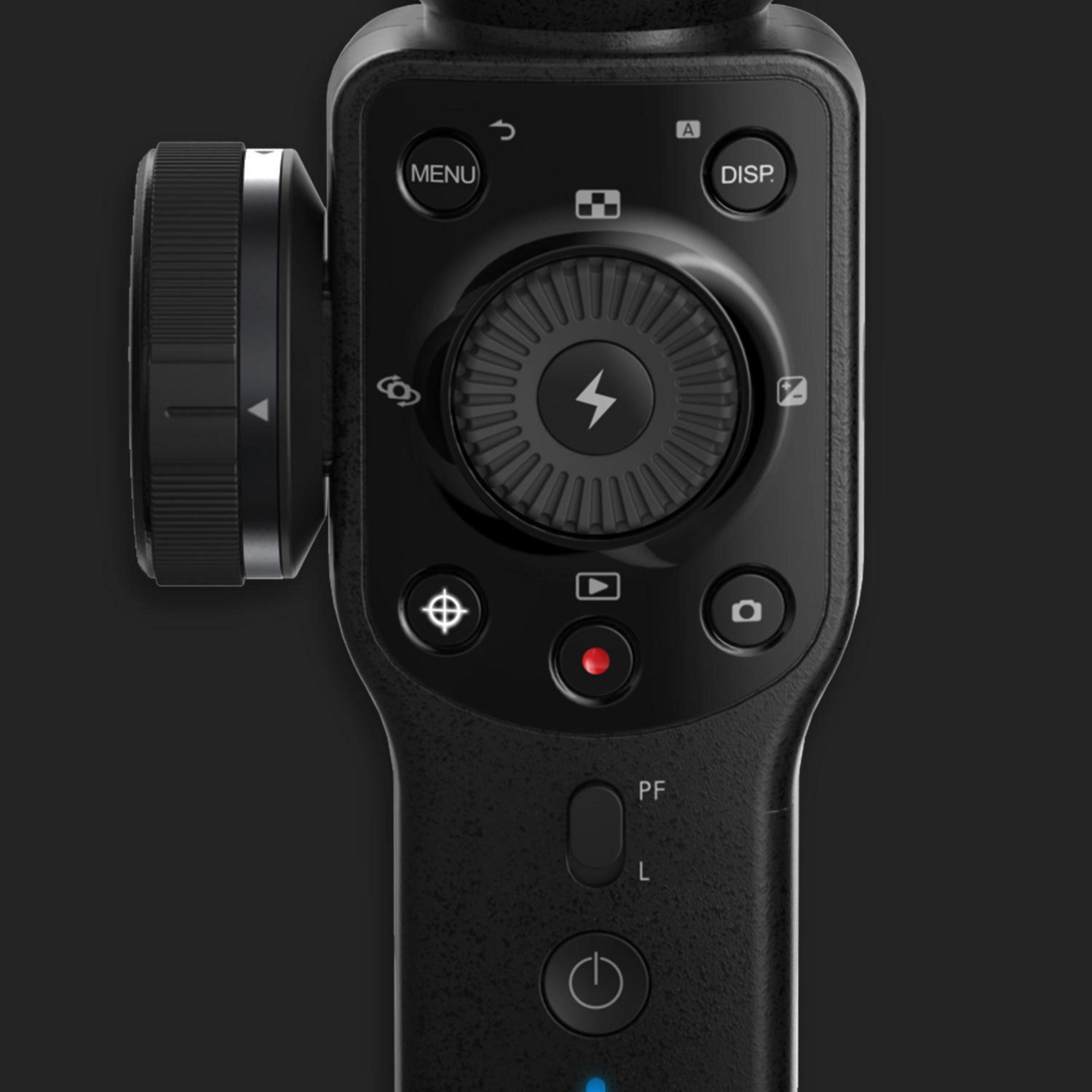 Ein schwarzer Handheld-Stabilisator mit Knöpfen, einem Rad und einem Bildschirm auf dunklem Grund.