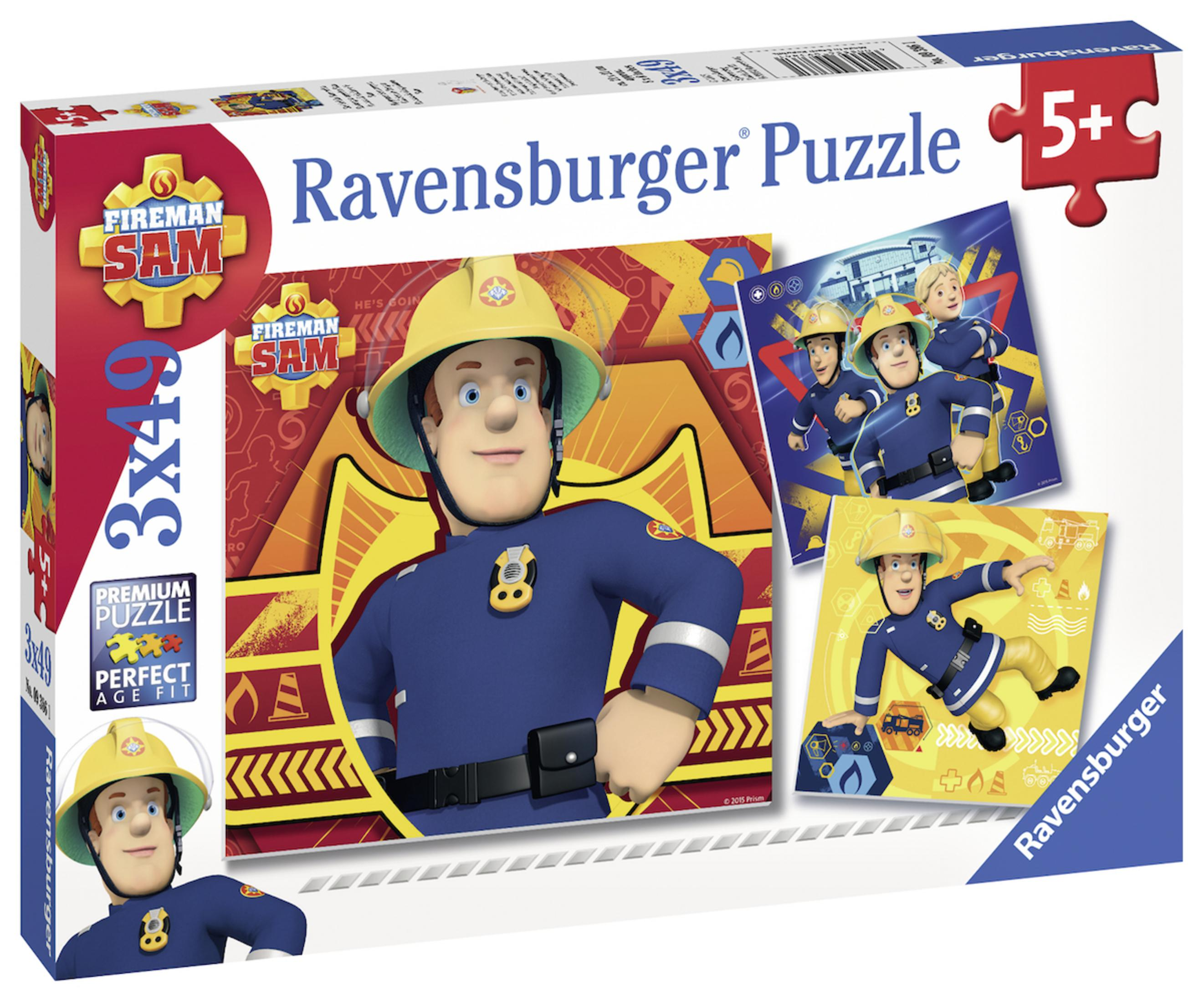 Ravensburger Feuerwehrmann Sam Puzzlebox. Box zeigt Puzzlebild mit Feuerwehrmann Sam-Charakteren.