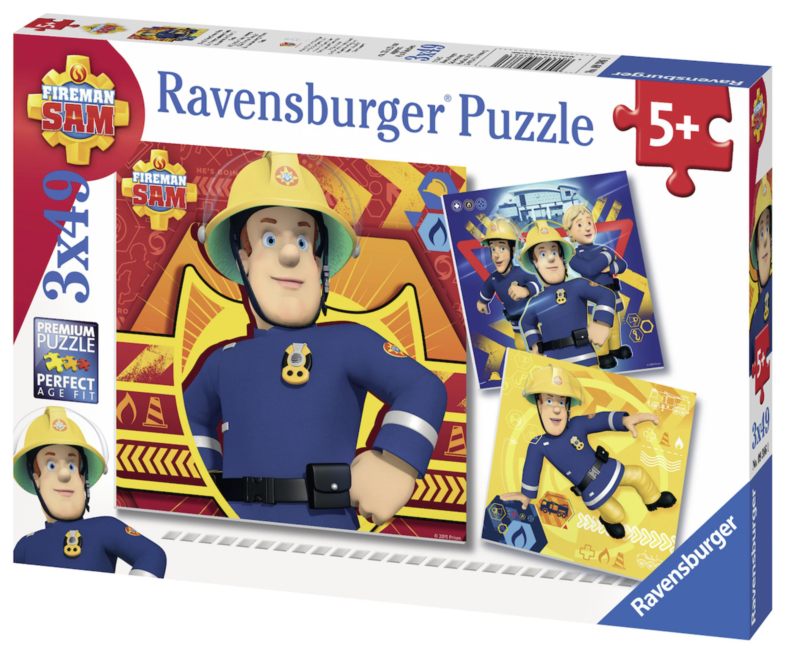 Eine Fireman Sam Puzzle-Box mit Puzzleteilen, die Sam und andere Feuerwehrleute zeigen.