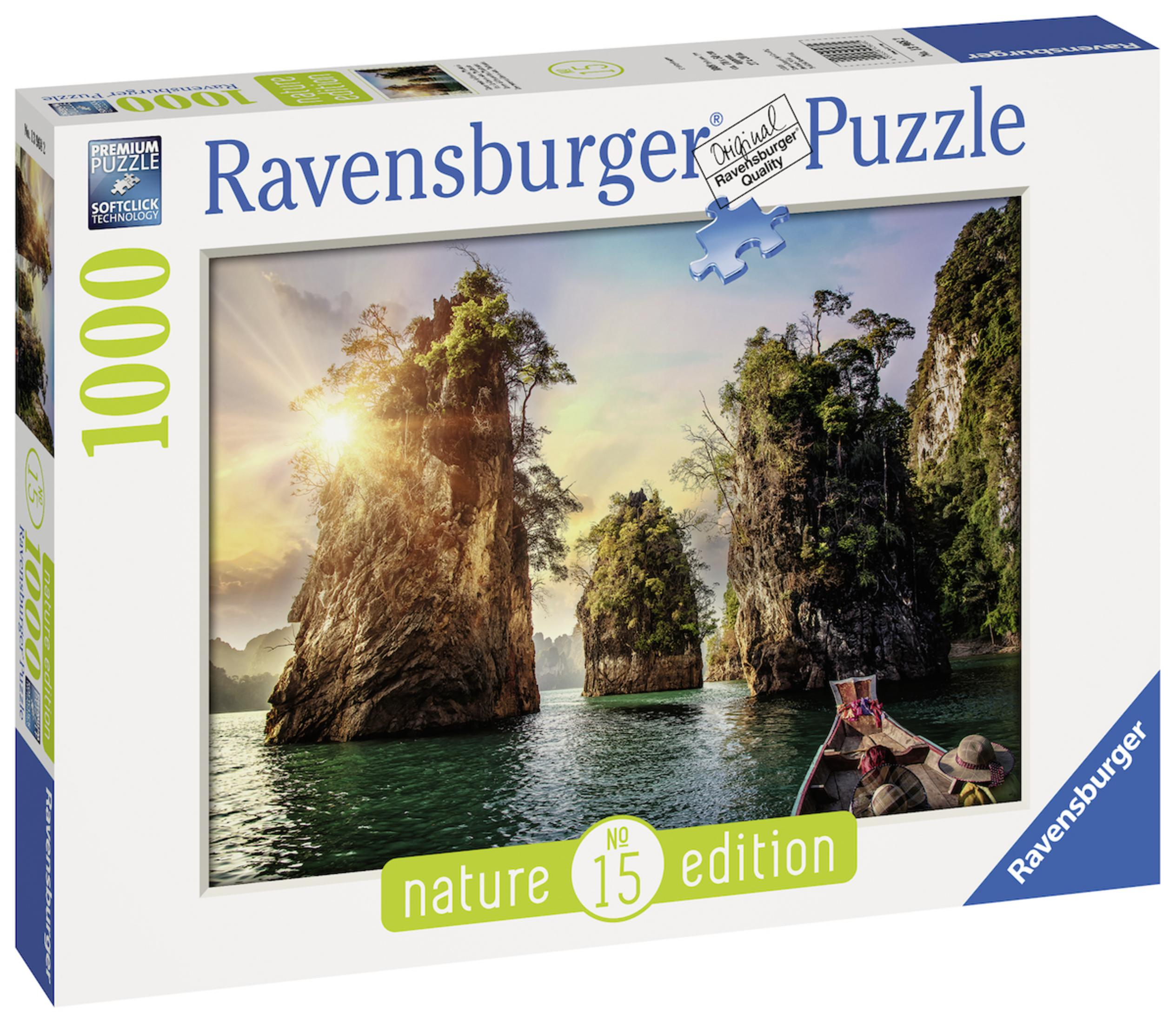 Scatola di puzzle con scenario isolano. Testo verde: edizione natura, 1000 pezzi.