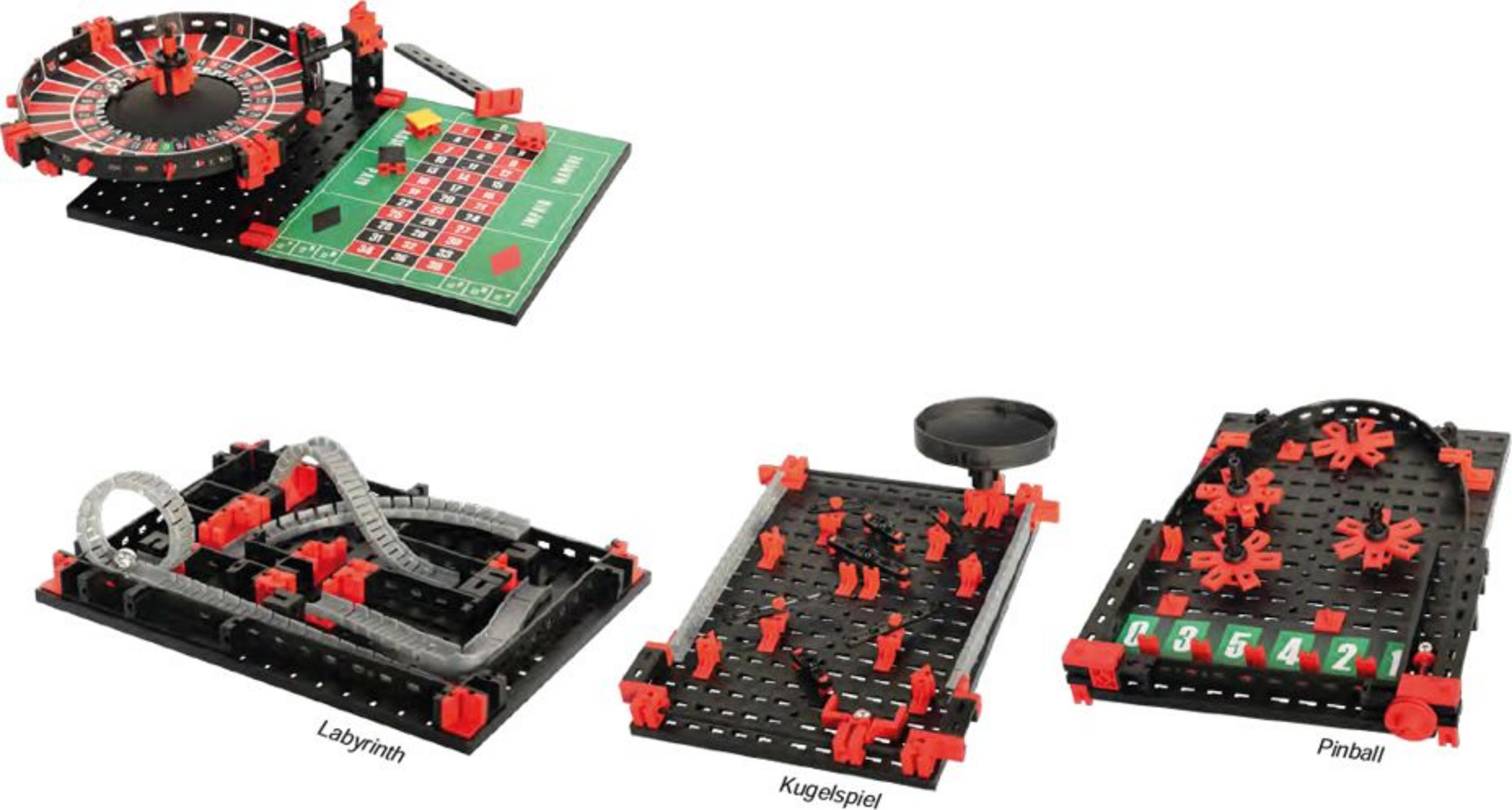 Quattro set di costruzioni giocattolo: roulette, labirinto, Kugelspeil e flipper con pezzi neri e rossi.