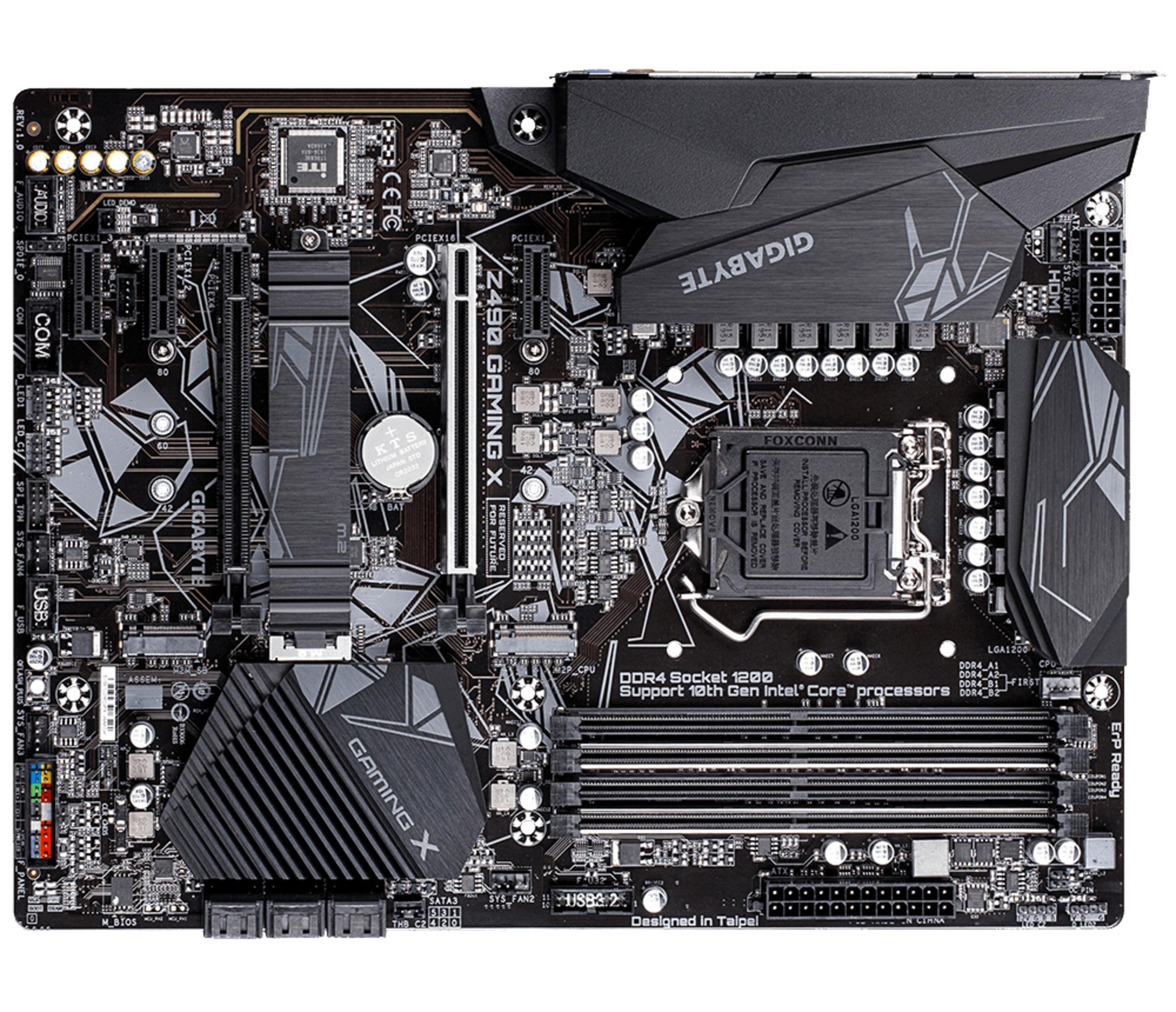 Computer-Mainboard mit vielen Komponenten. Grau-Schwarz-Farbschema.