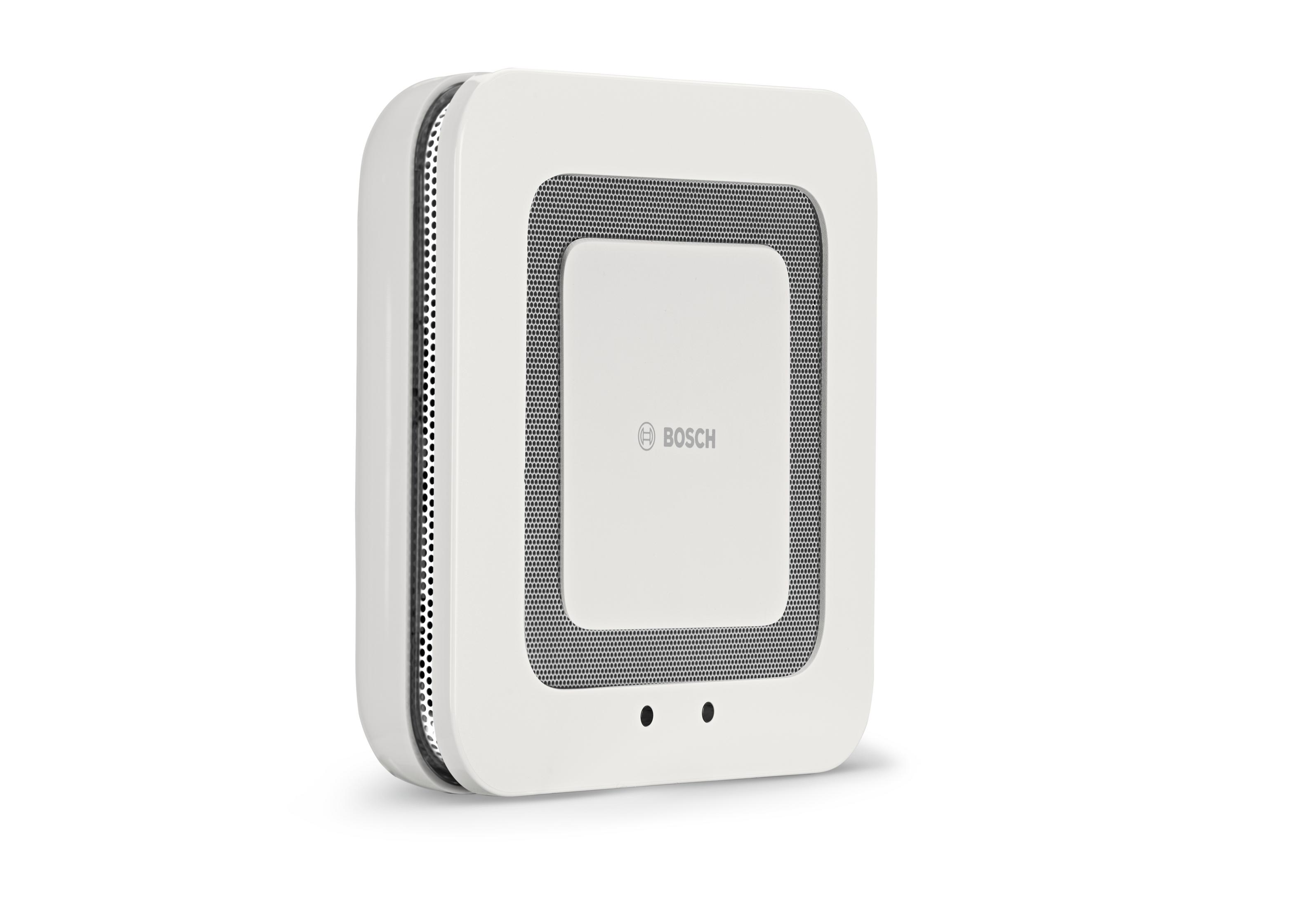 Białe urządzenie smart home Bosch, wzór kratki, dwa punkty, białe tło.