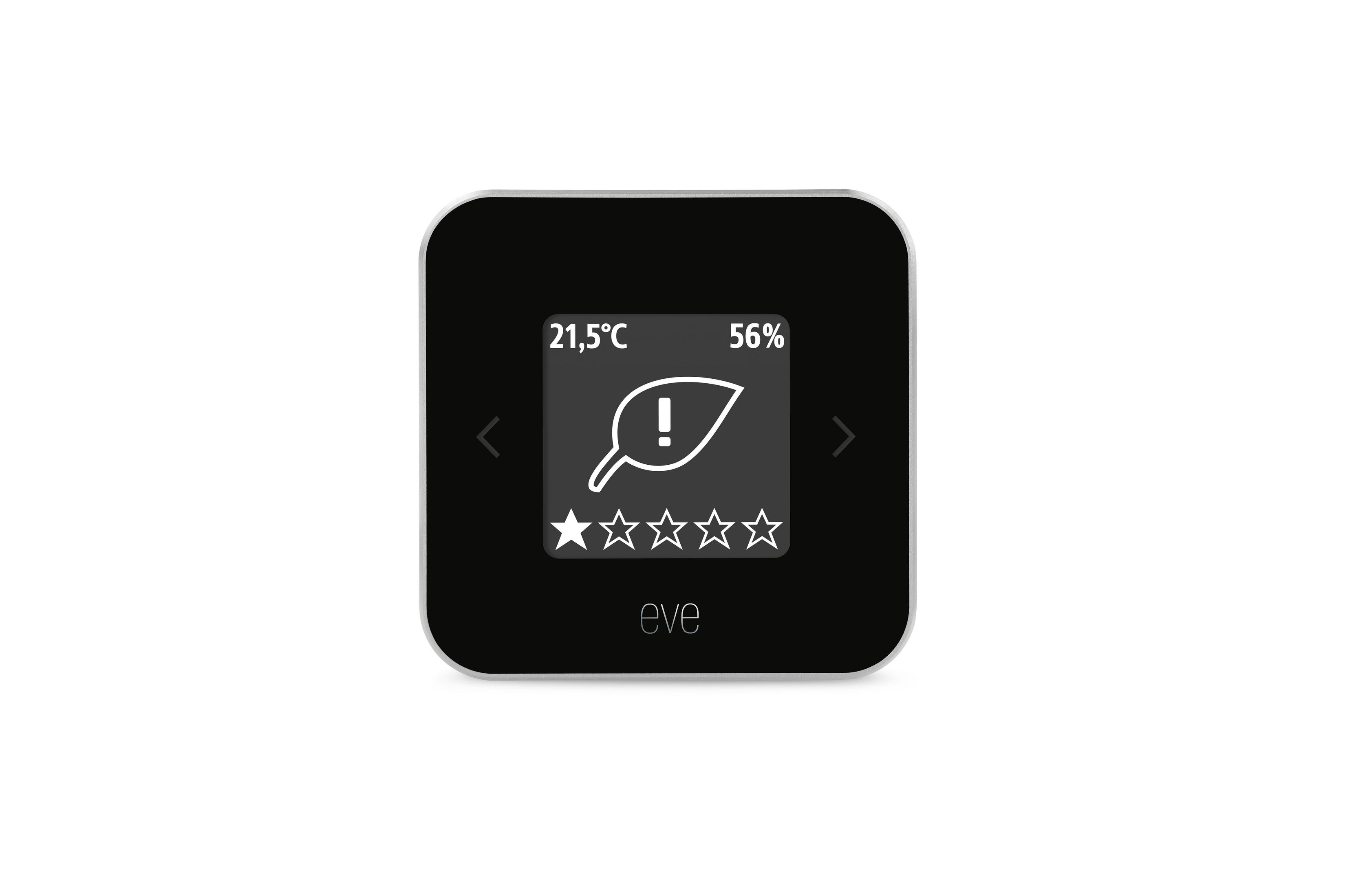 Czarne urządzenie smart home z ekranem wyświetlającym liczby, liść i gwiazdki.