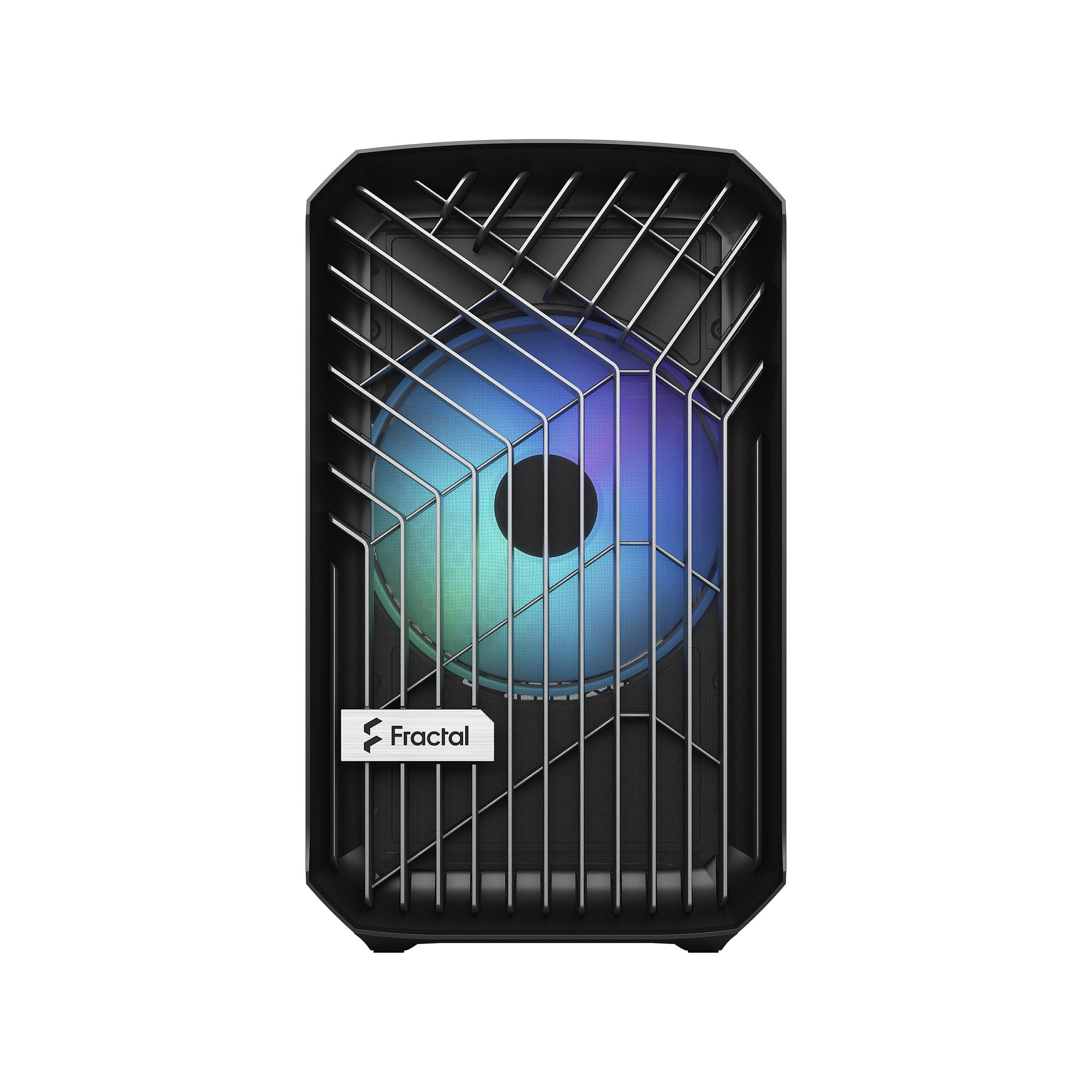 A black computer fan with a blue and purple light inside a black case.