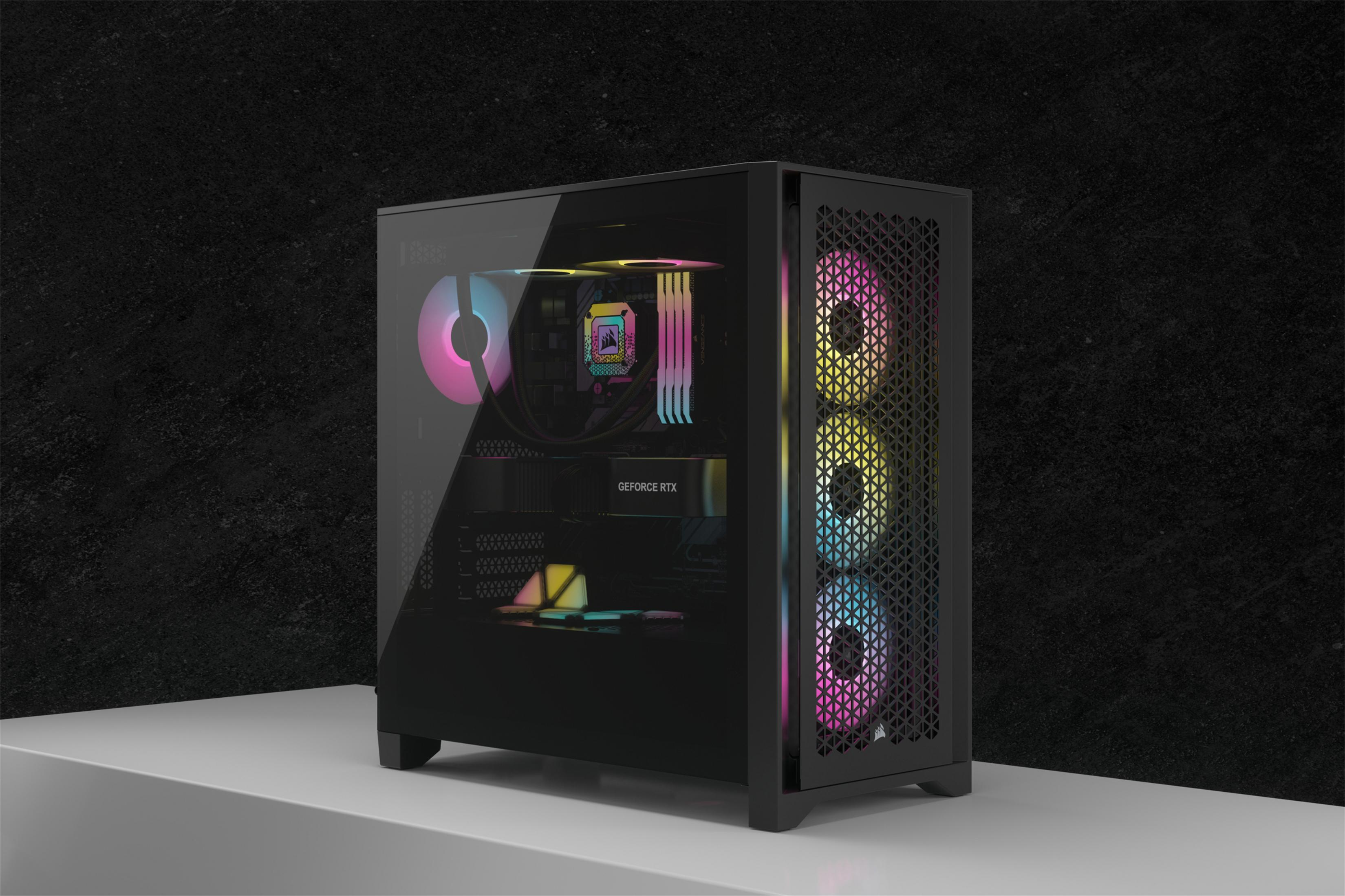 Case nero per computer con componenti, ventole colorate, su superficie bianca.