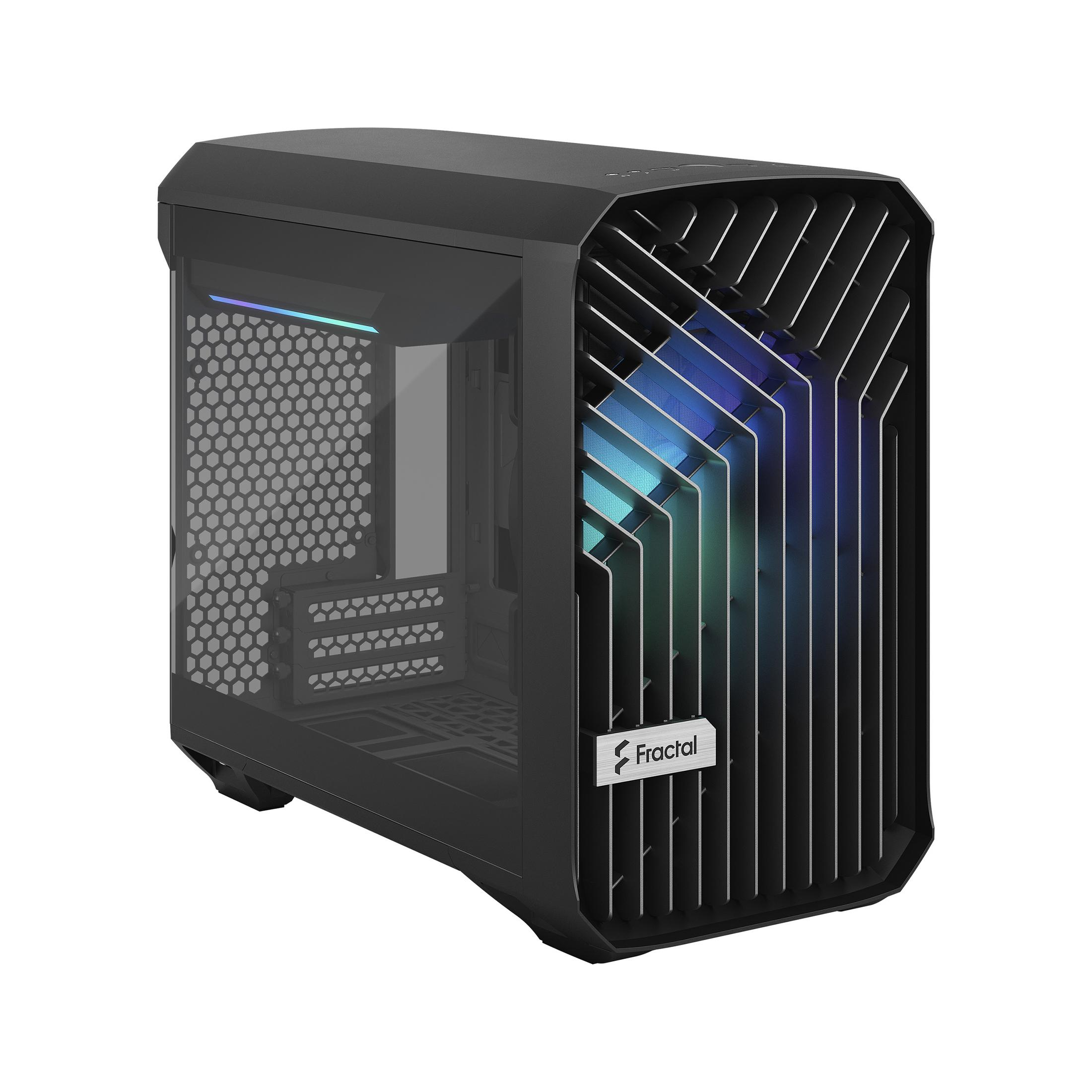 Black computer case with glass side and lit interior.