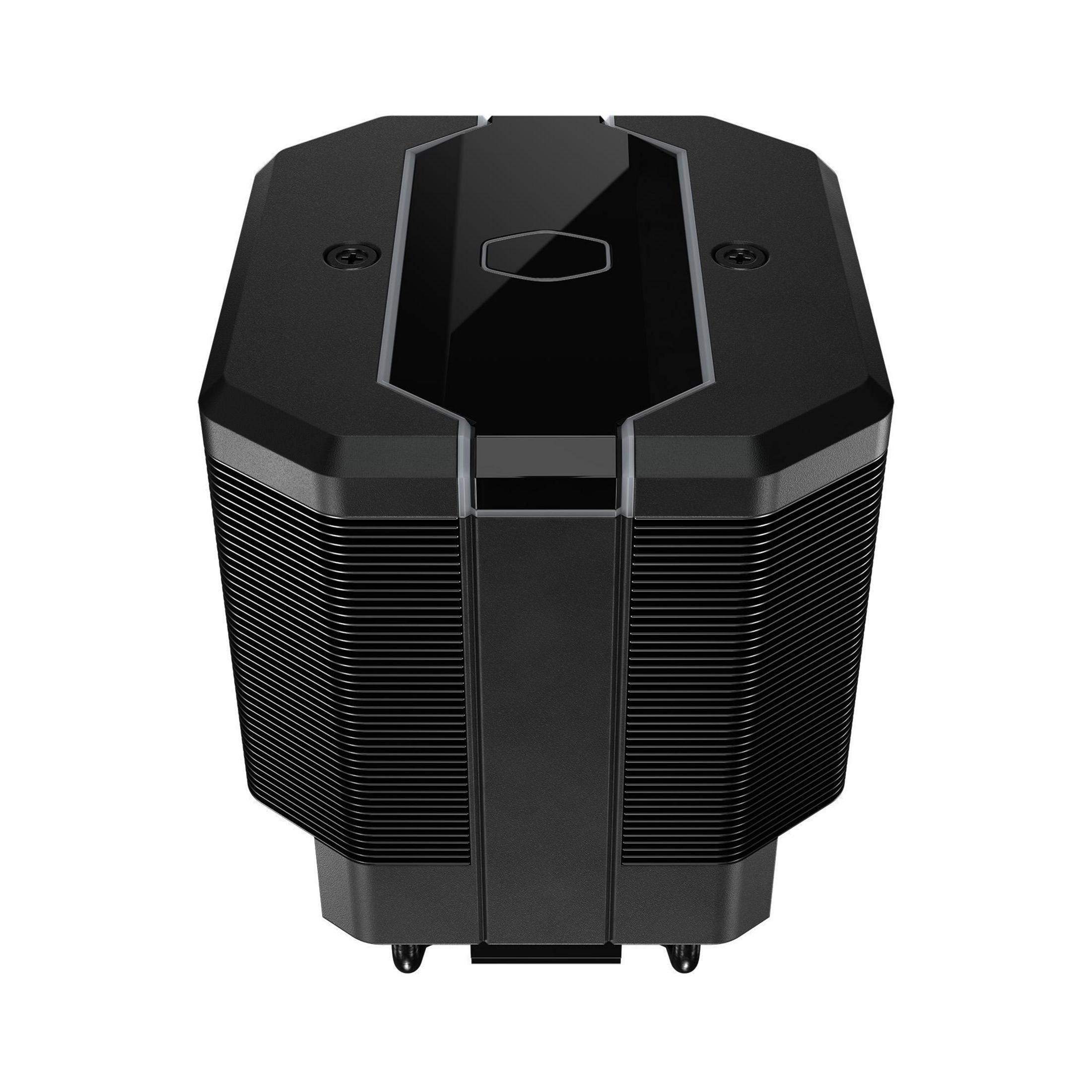 Se muestra un refrigerador de CPU negro. Es un dispositivo grande, con múltiples aletas y un ventilador superior.