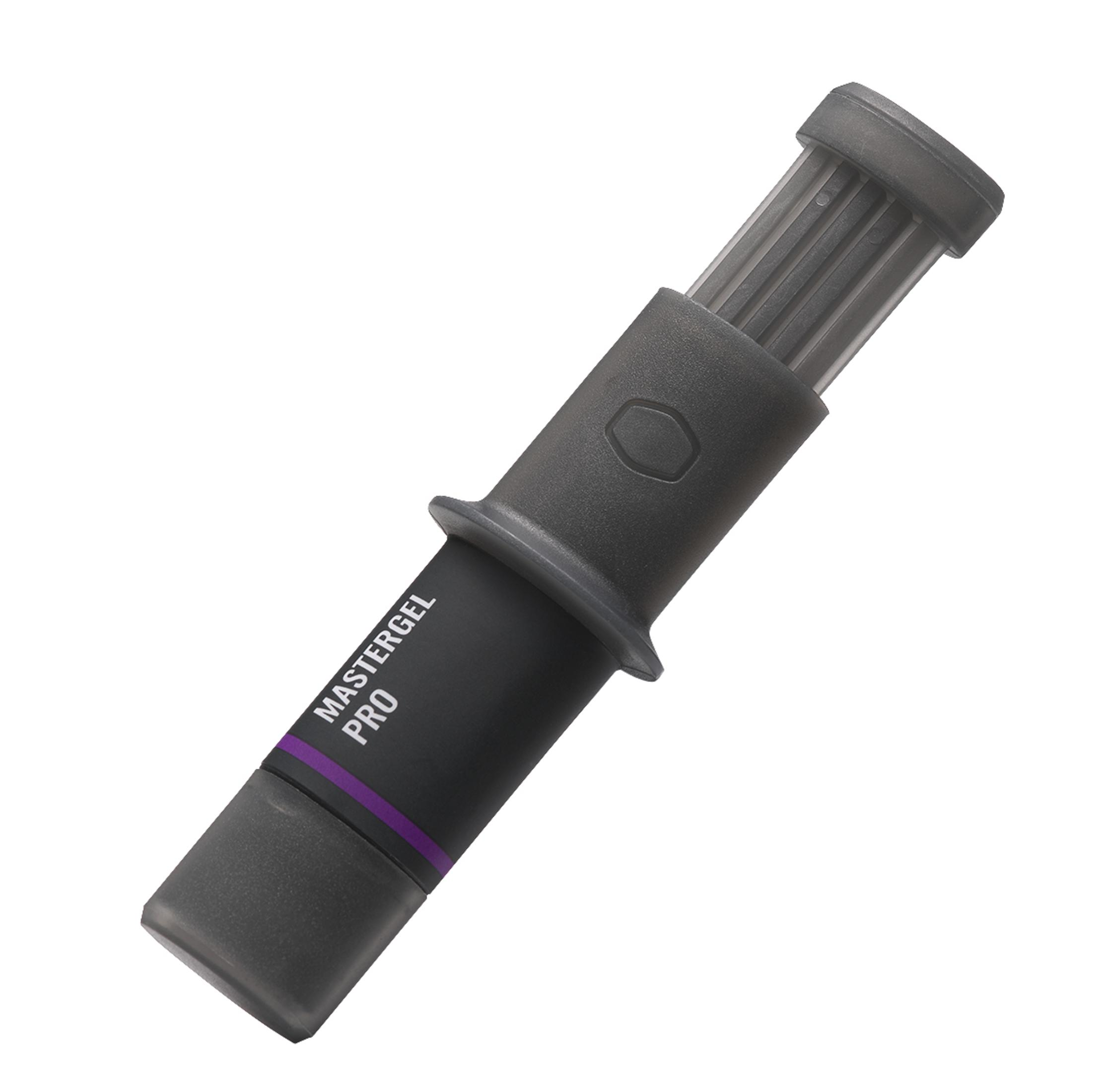 Eine schwarze Tube Mastergel Pro Wärmeleitpaste mit einem lila Streifen.