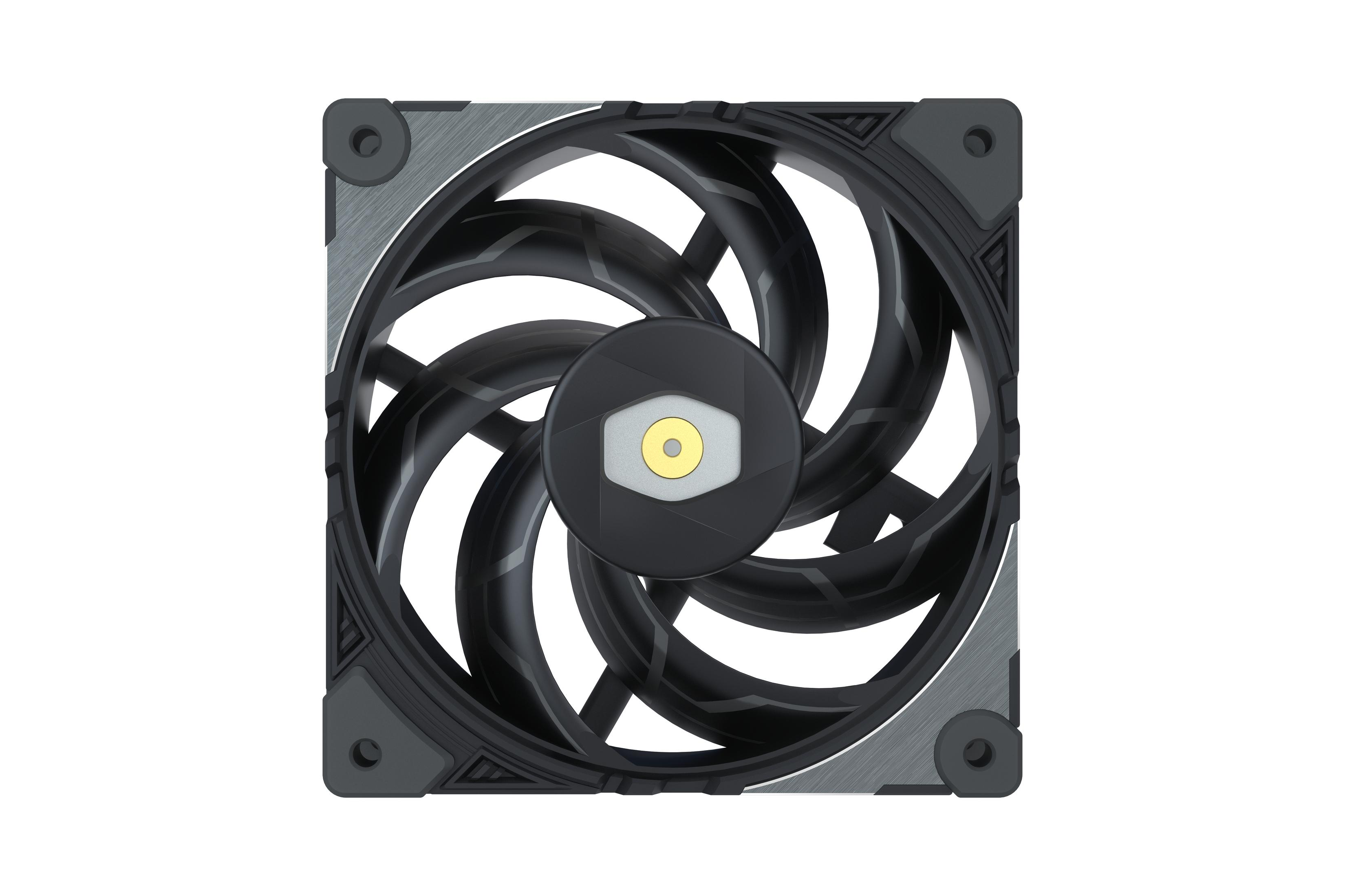 A black computer fan with gray accents. White background.