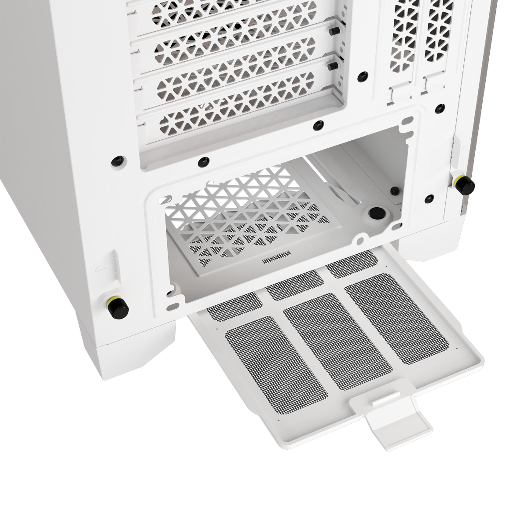 Biała tylna część obudowy komputera z kratkami wentylacyjnymi i wyjmowanym filtrem przeciwpyłowym. Izolowana na białym tle.