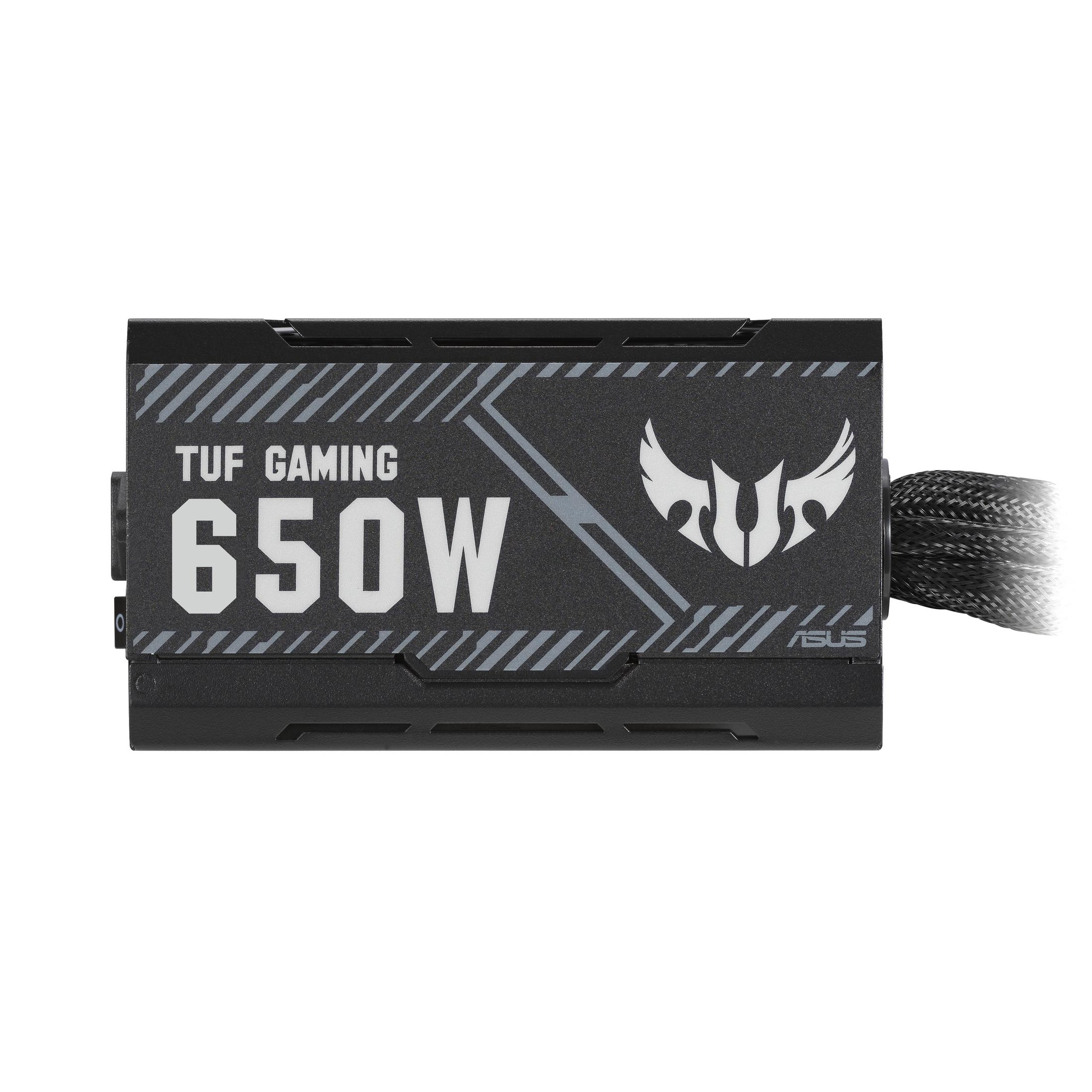 Zwarte en grijze ASUS TUF Gaming voeding. Het heeft 650W tekst en het ASUS-logo.
