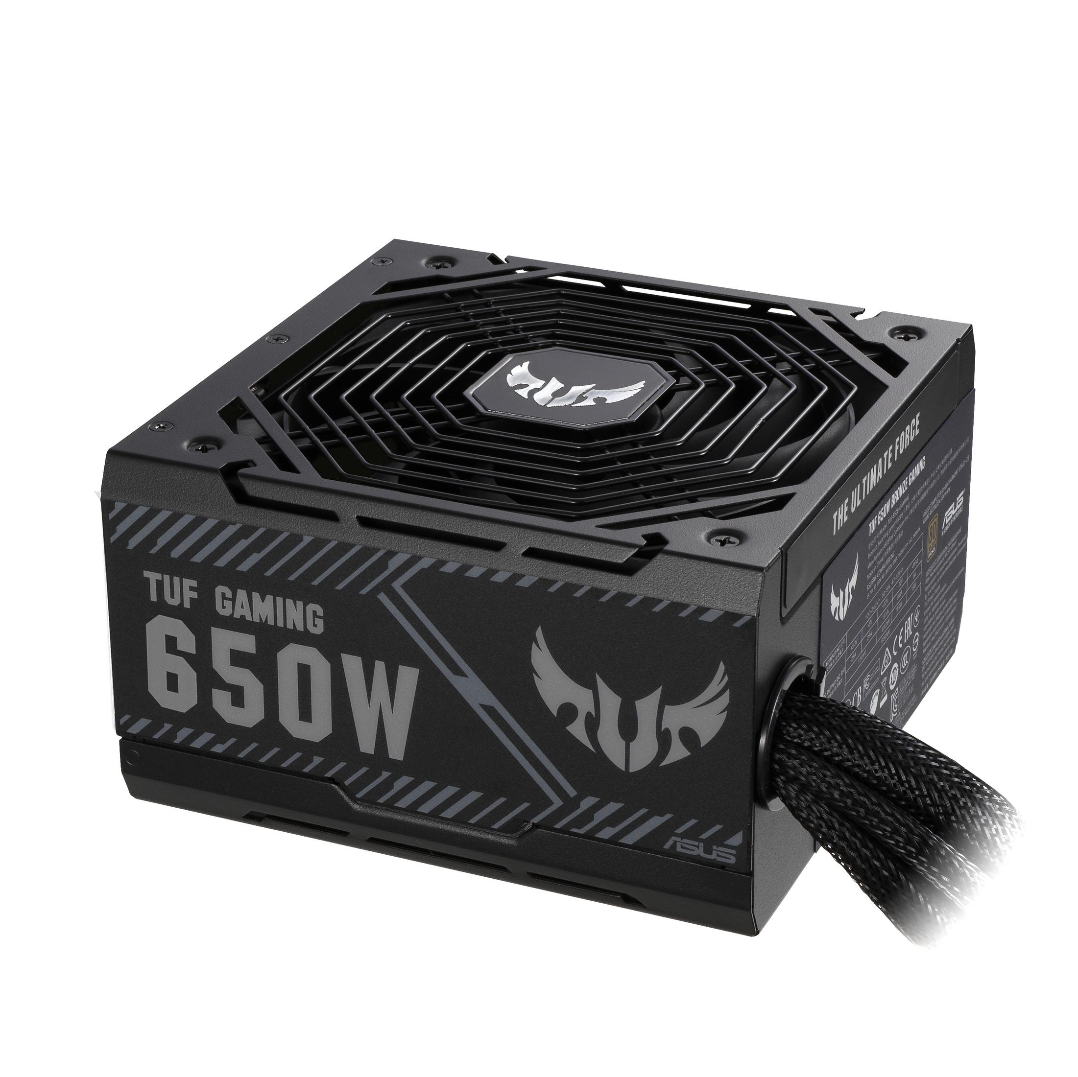 Zwarte computer voeding, TUF Gaming 650W, met ventilator en kabels.